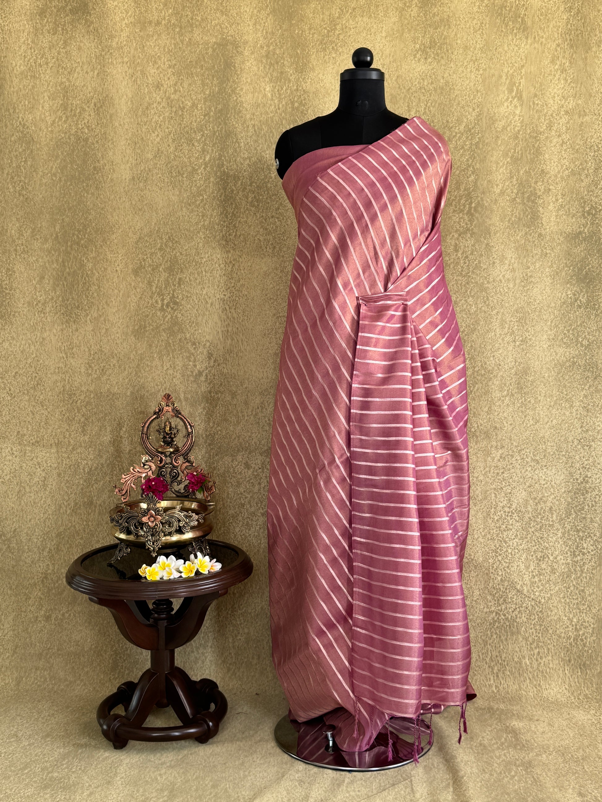 Rosy Mauve Tissue Saree with Gold Strips