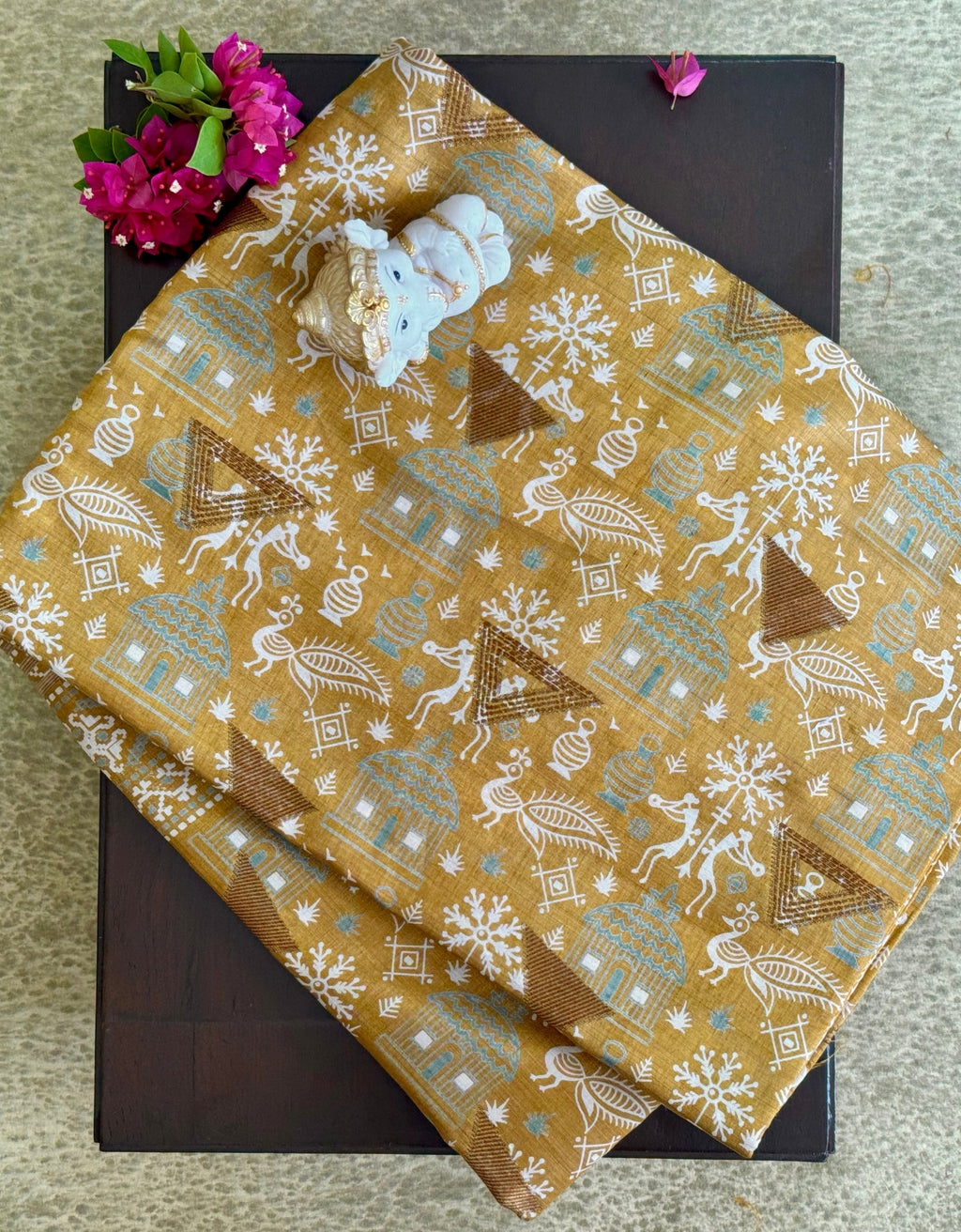 Mustard Yellow with Tribal Motifs - Semi Tussar Saree