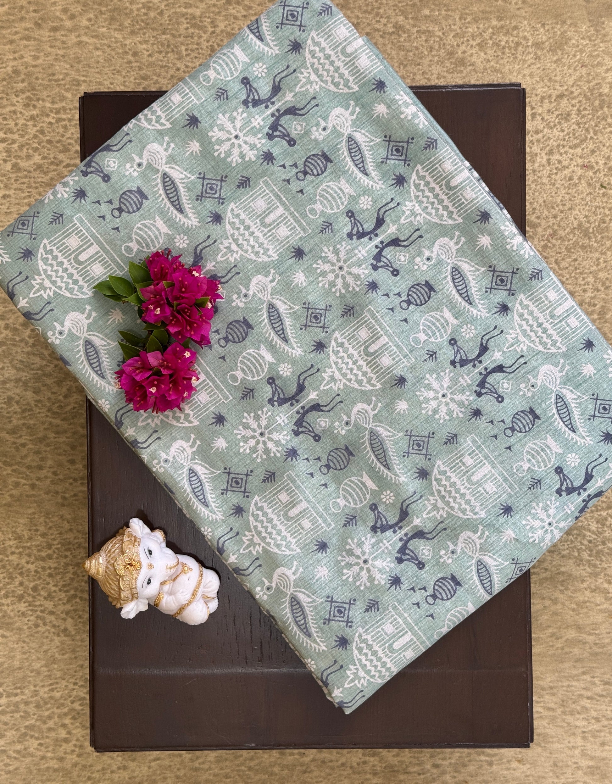 Light Teal Blue with Tribal Motifs - Semi Tussar Saree