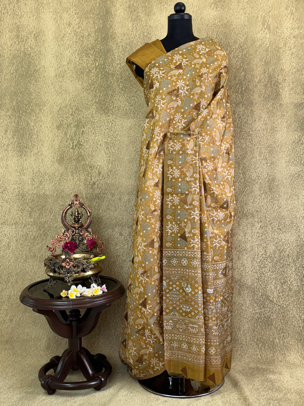 Mustard Yellow with Tribal Motifs - Semi Tussar Saree