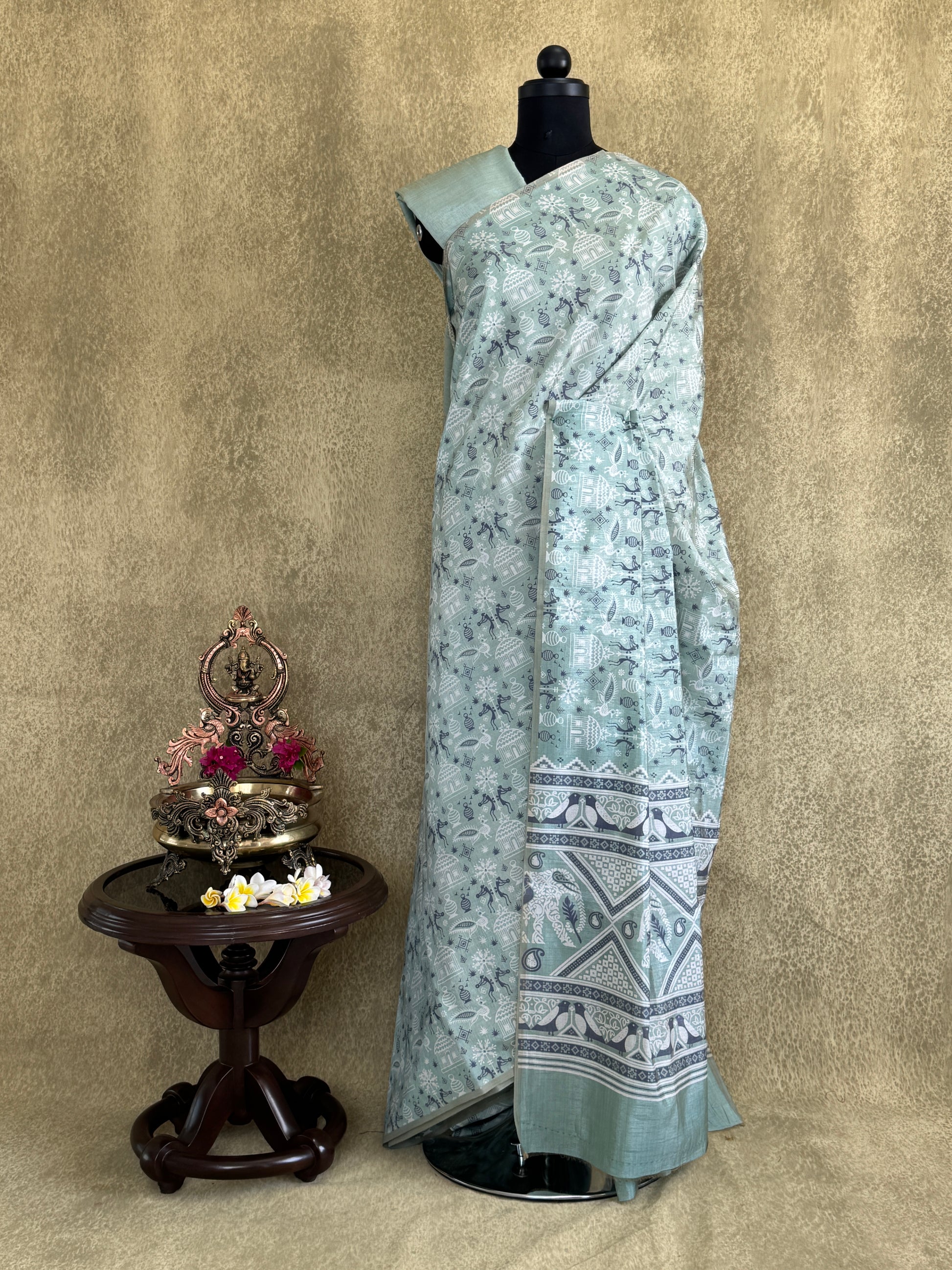 Light Teal Blue with Tribal Motifs - Semi Tussar Saree