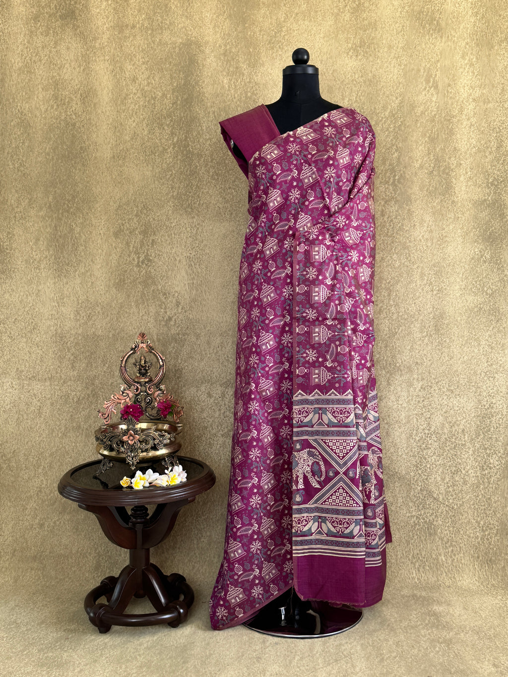 Deep Magenta with Tribal Motifs - Semi Tussar Saree