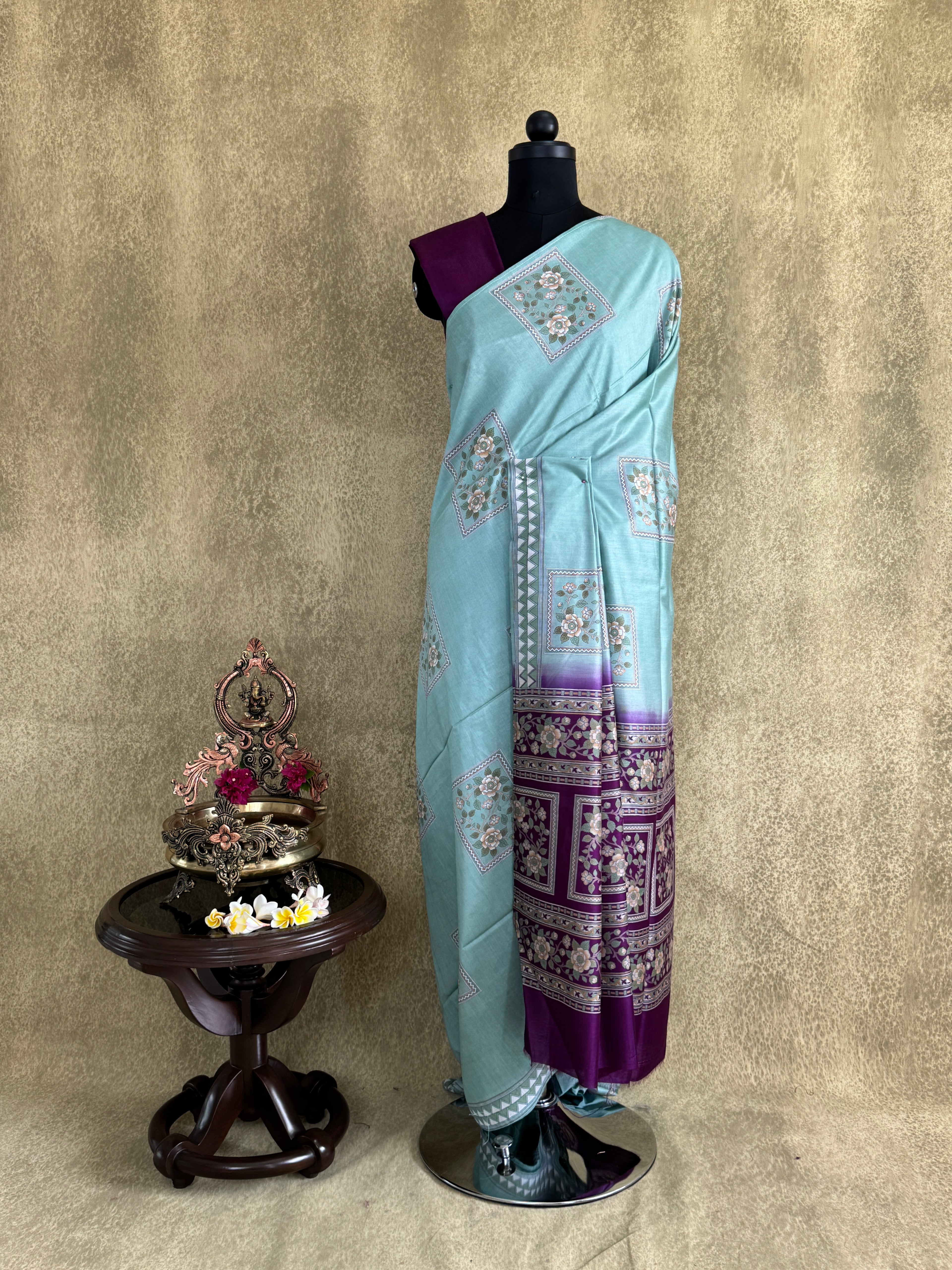 Teal Green with Floral Motifs - Chanderi Cotton Saree
