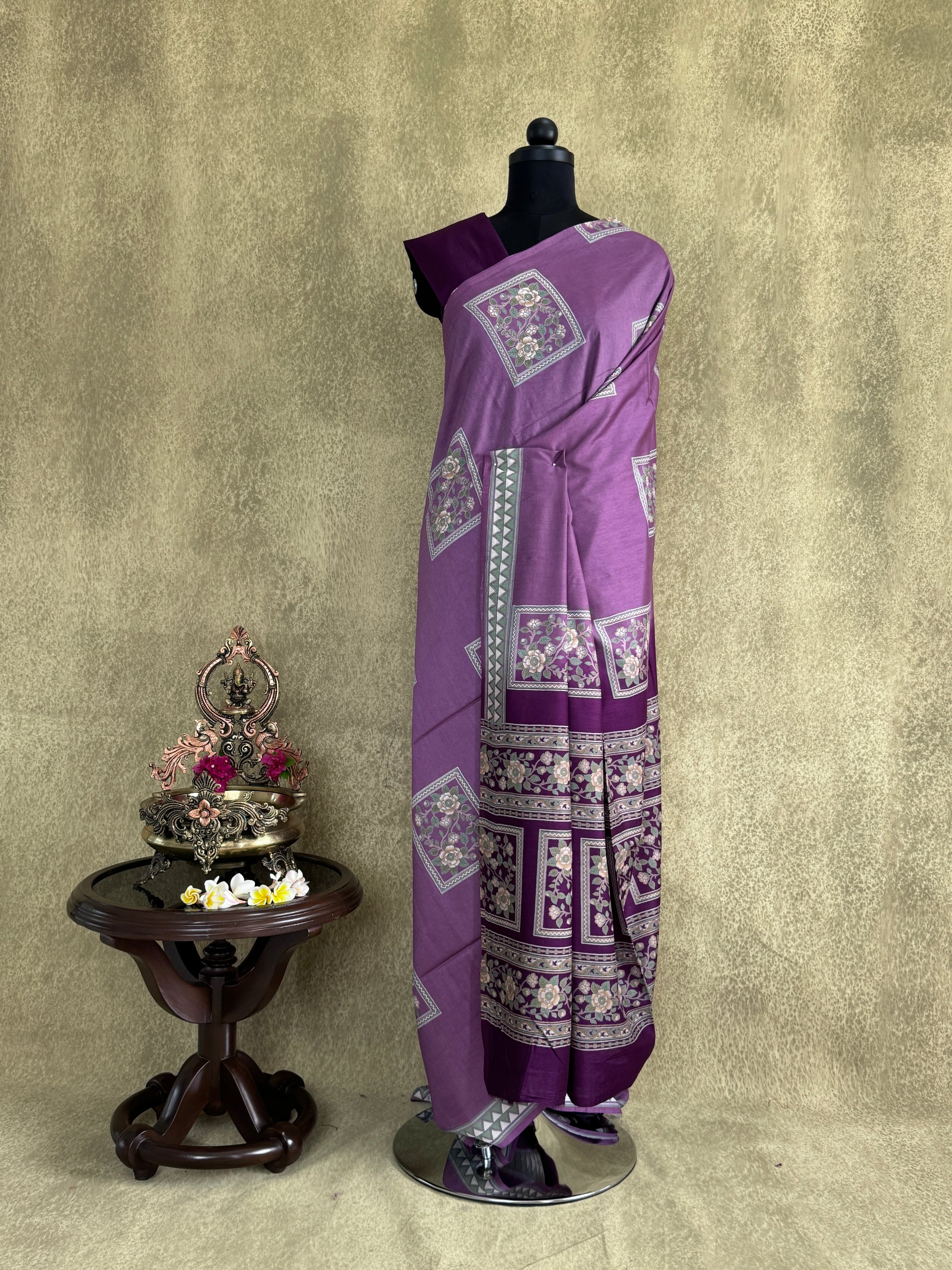 Voilet with Floral Motifs - Chanderi Cotton Saree