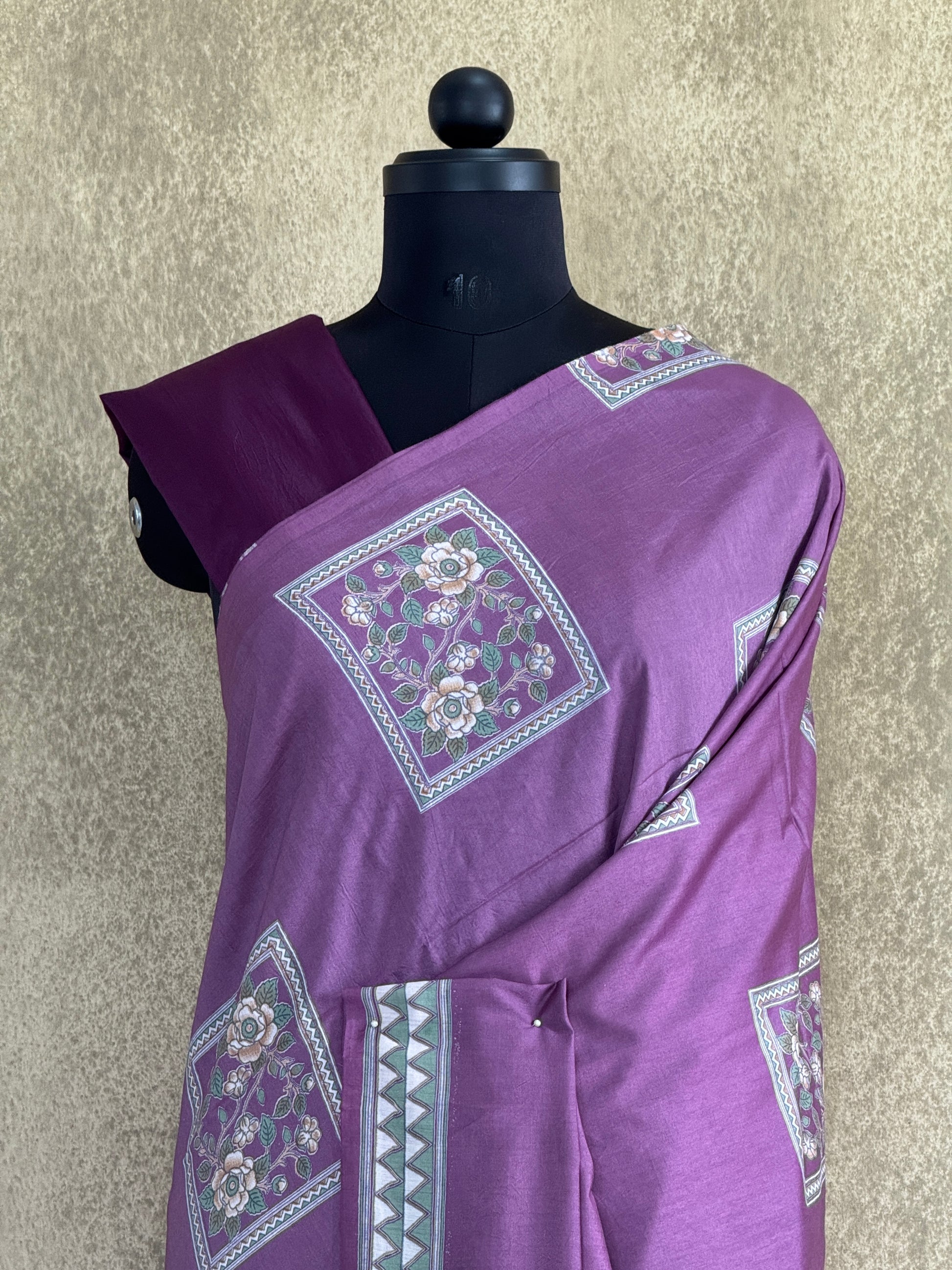 Voilet with Floral Motifs - Chanderi Cotton Saree