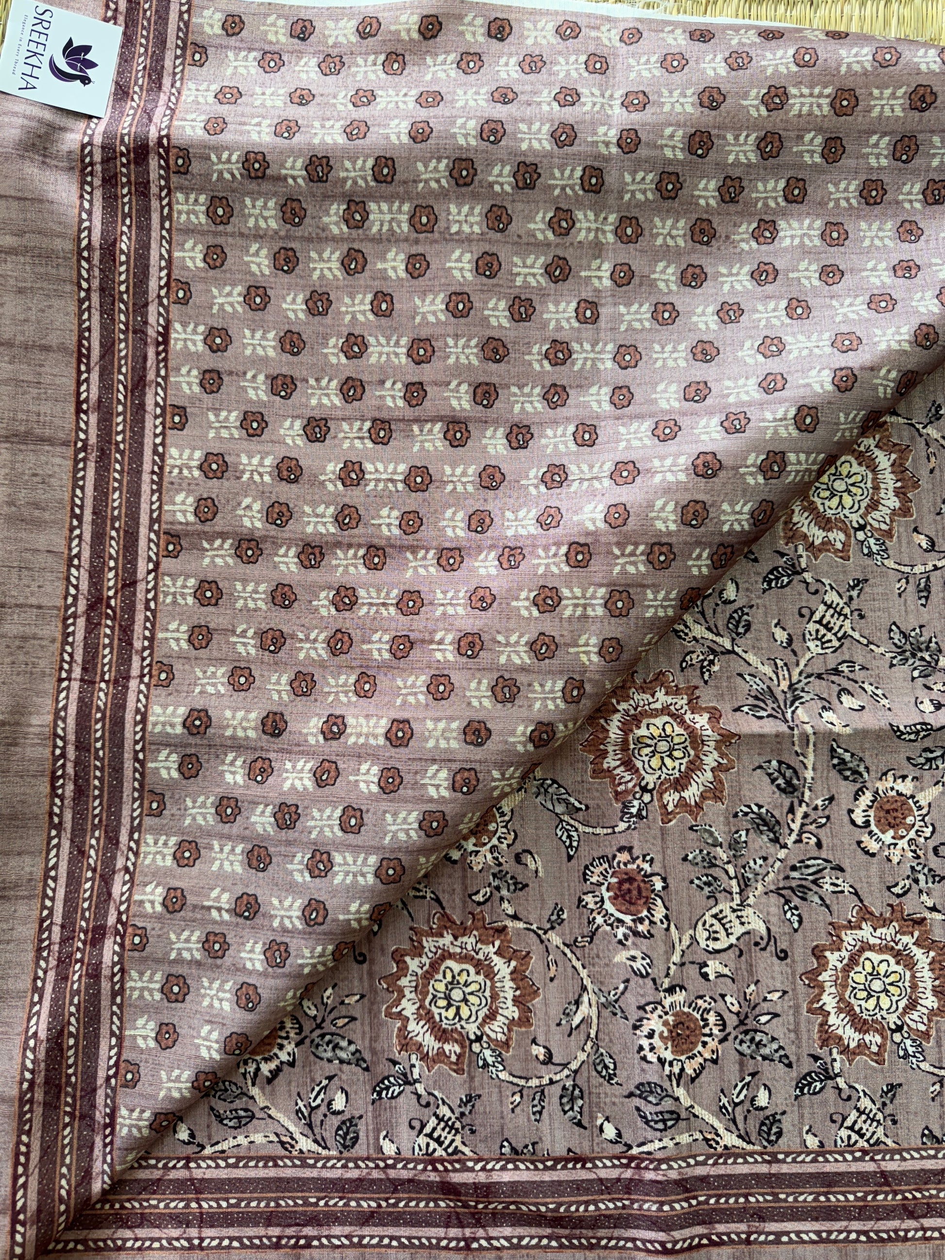 Dusty Mauve Semi Tussar Saree with Floral Print