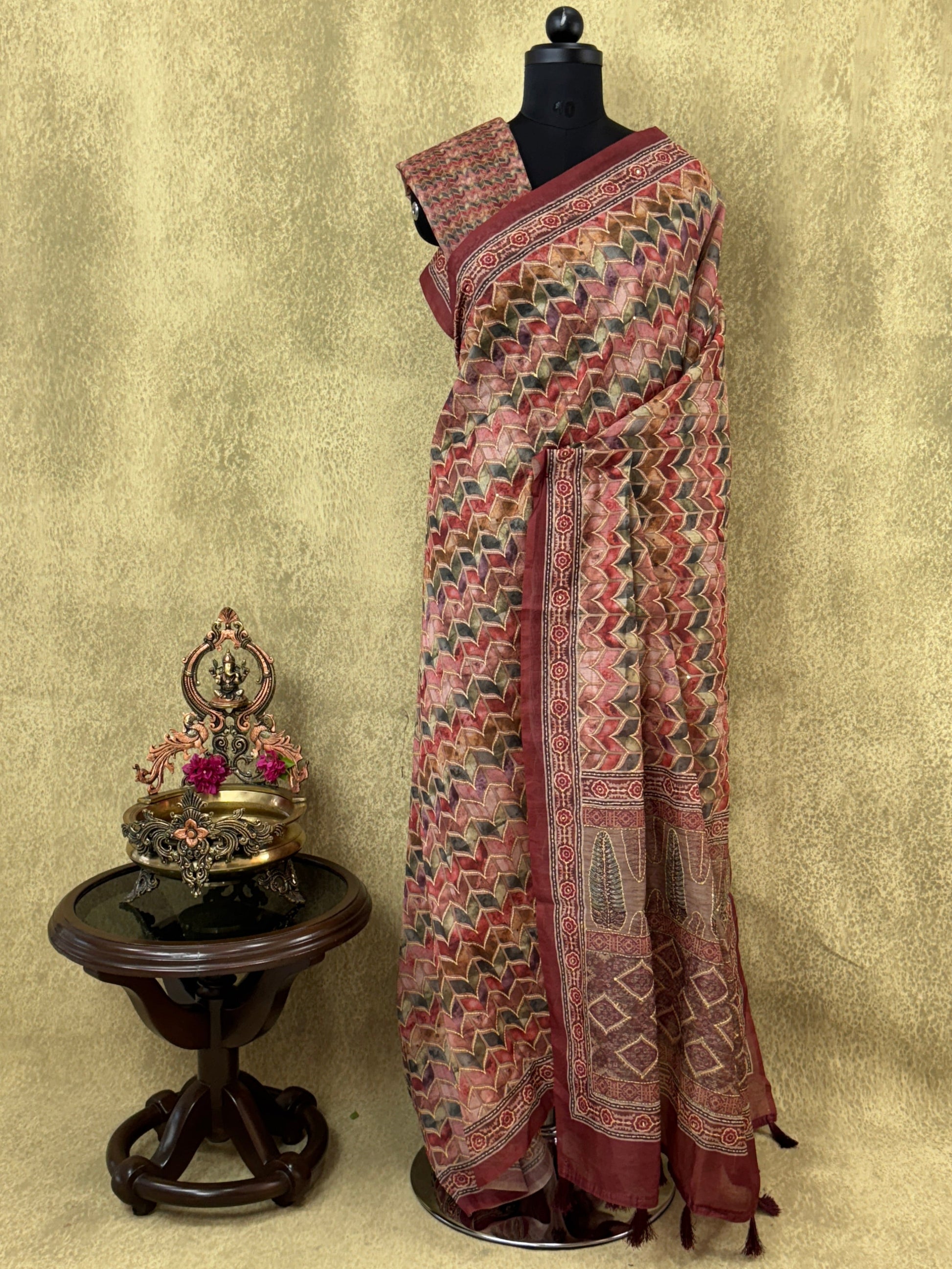 Maroon with Geometric Leaf Patterns - Chanderi Cotton Saree