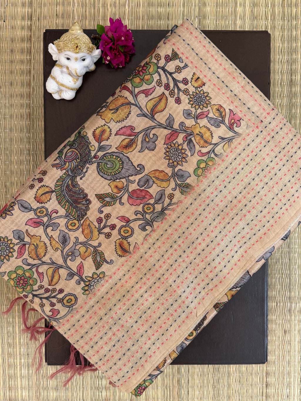 Beige and Pink with Kalamkari Pattern - Semi Tussar Saree