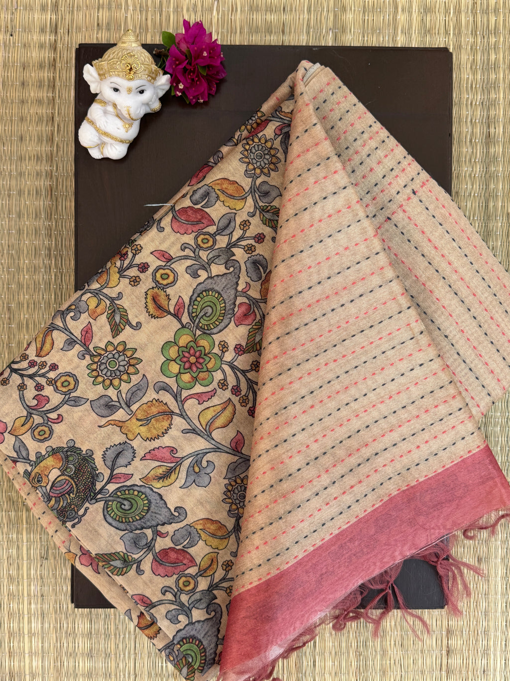 Beige and Pink with Kalamkari Pattern - Semi Tussar Saree