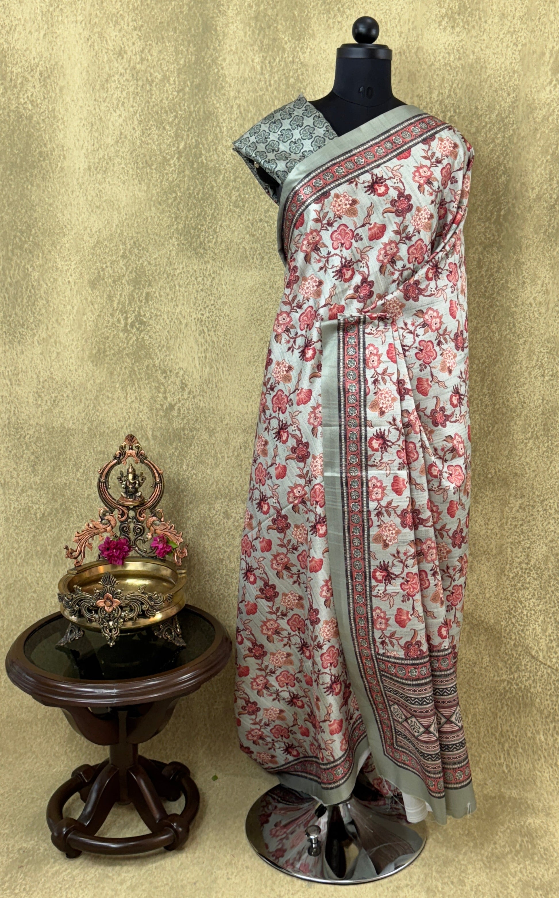 Light Mint Green- Semi Tussar Saree with Floral Print