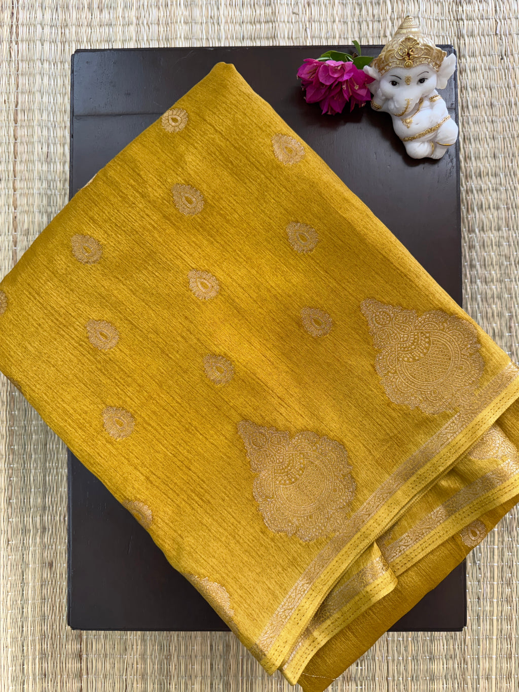 Banarasi Crepe Saree – Mustard Yellow with Gold Zari Motifs