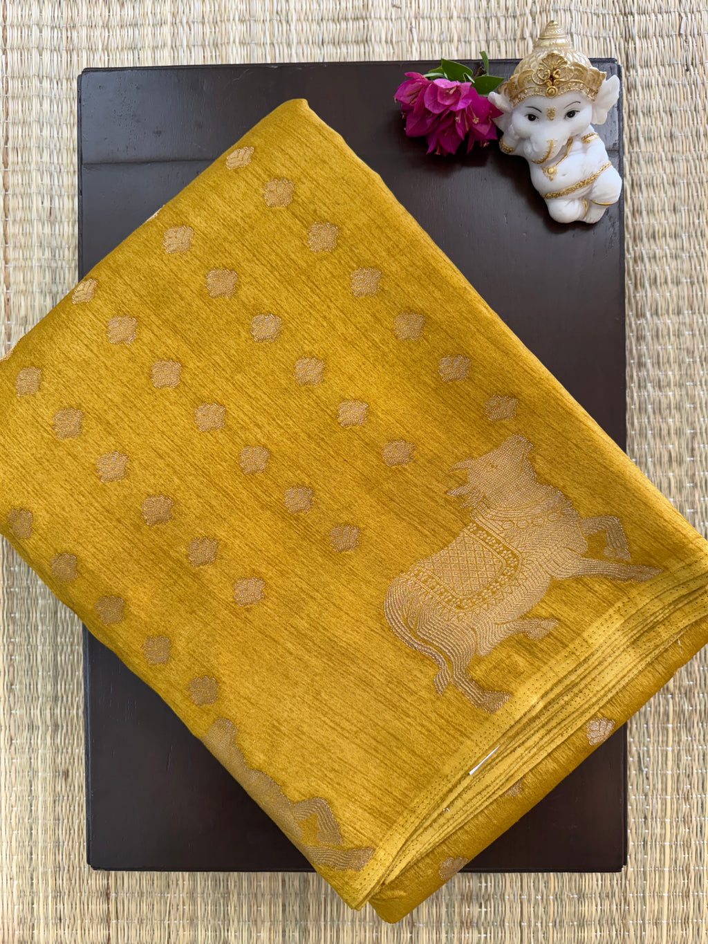Banarasi Crepe Saree – Mustard Yellow with Gold Zari Motifs
