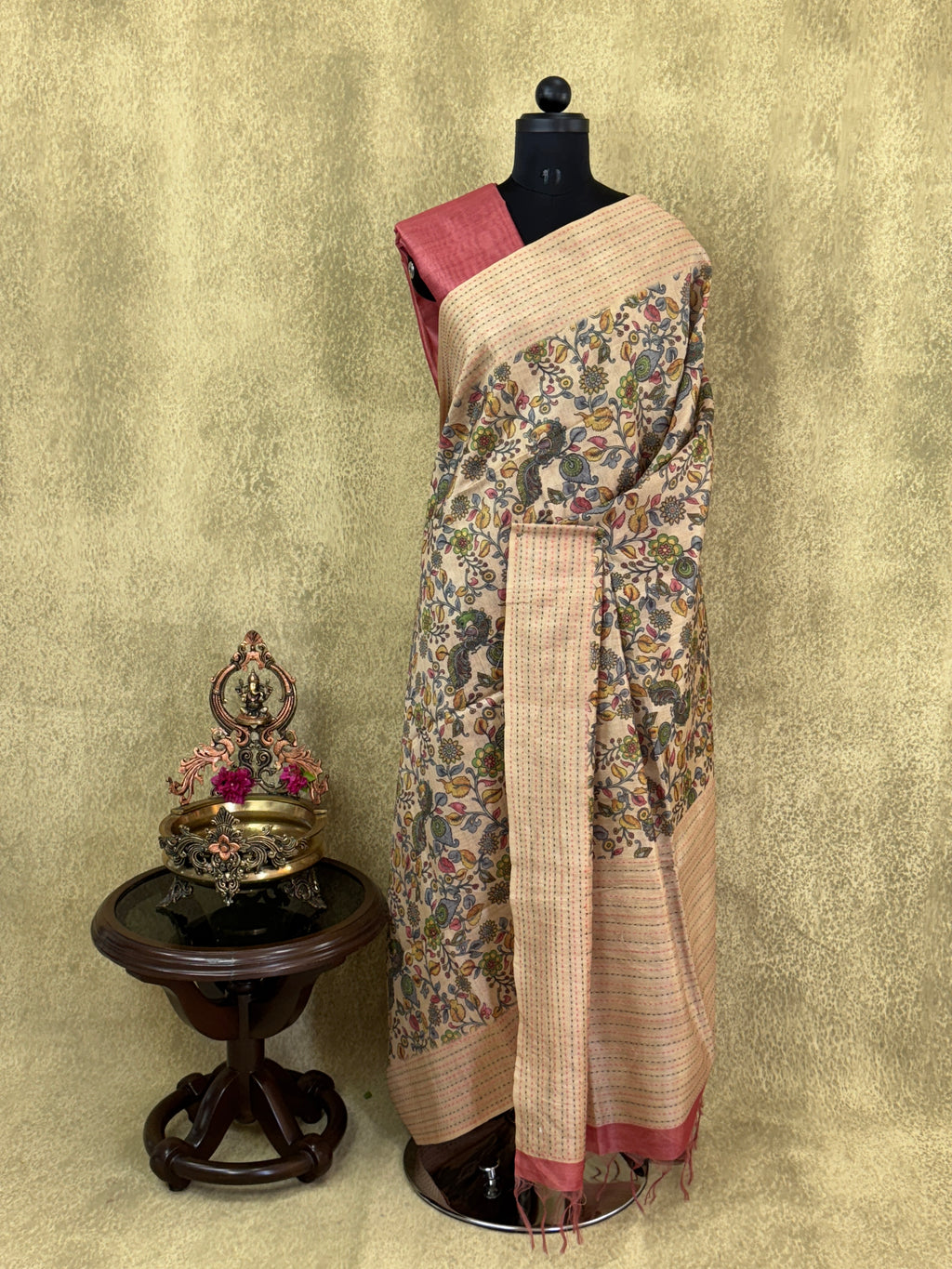 Beige and Pink with Kalamkari Pattern - Semi Tussar Saree