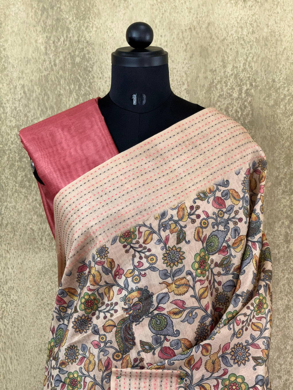 Beige and Pink with Kalamkari Pattern - Semi Tussar Saree