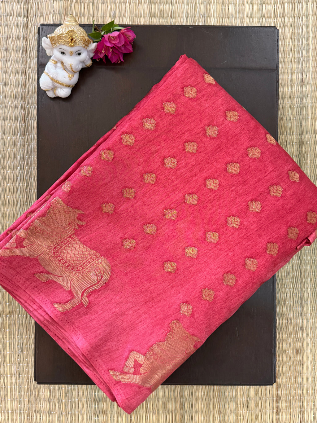 Banarasi Crepe Saree – Fiery Coral with Gold Zari Motifs