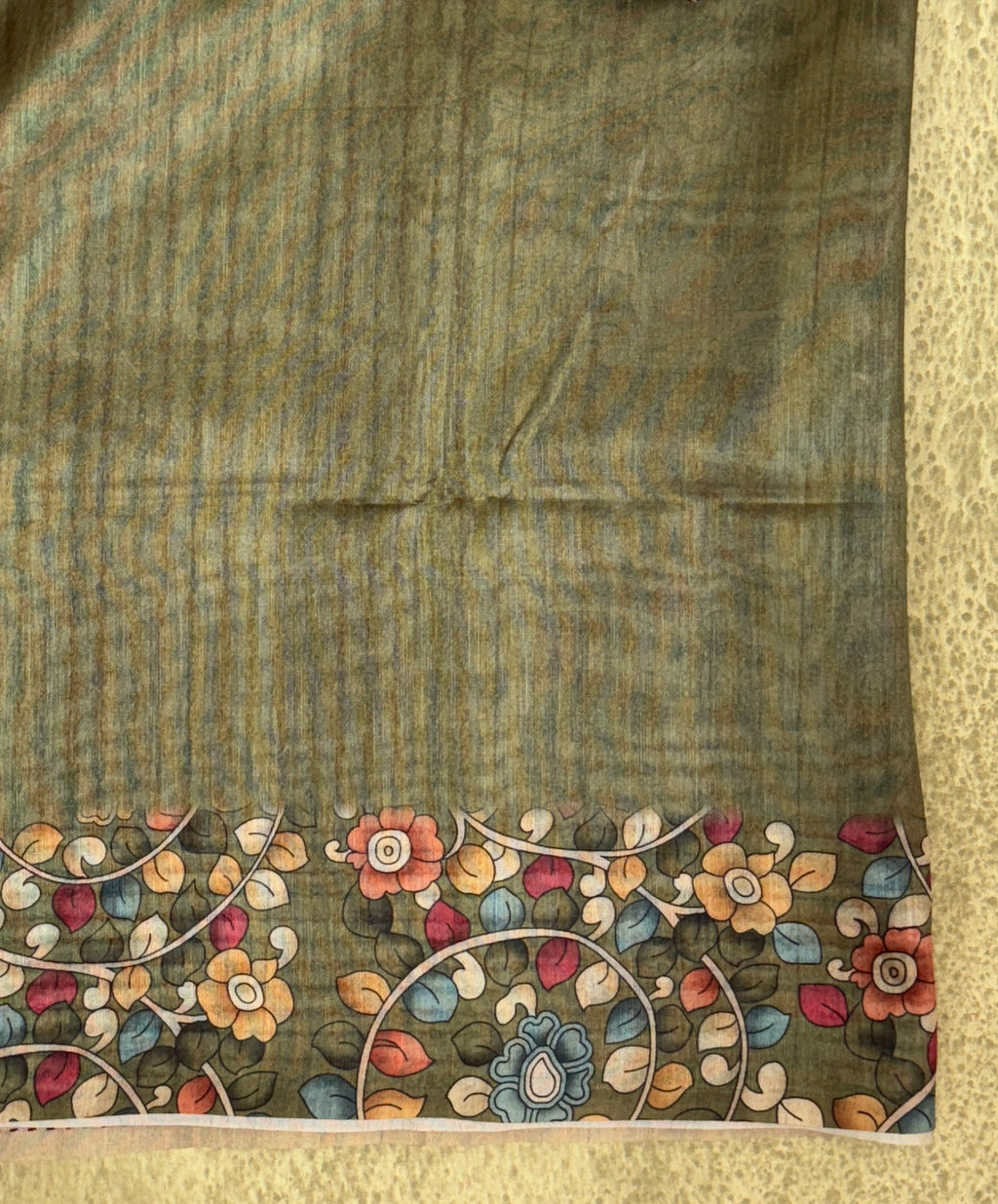 Beige and Olive Green with Kalamkari Pattern - Semi Tussar Saree