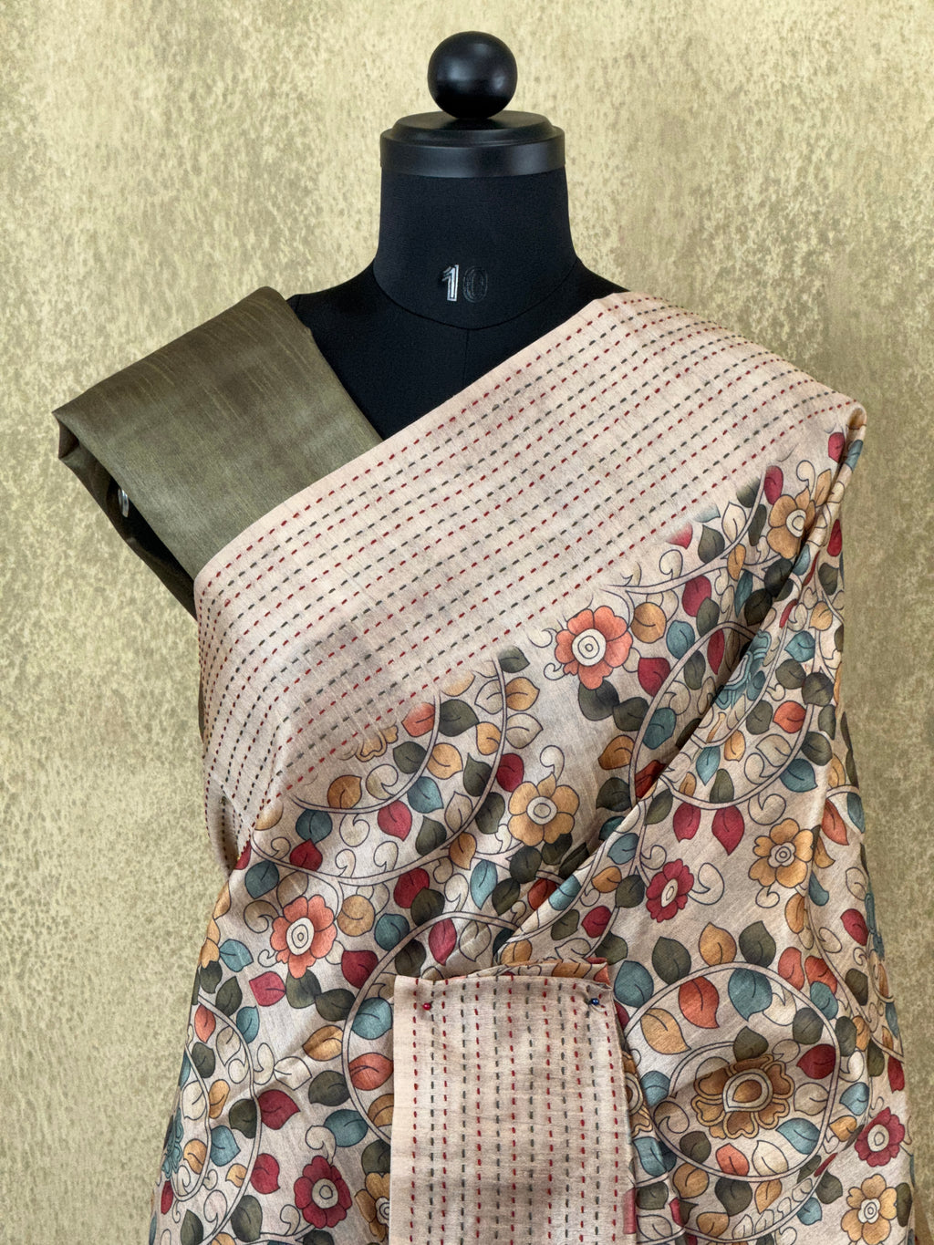 Beige and Olive Green with Kalamkari Pattern - Semi Tussar Saree