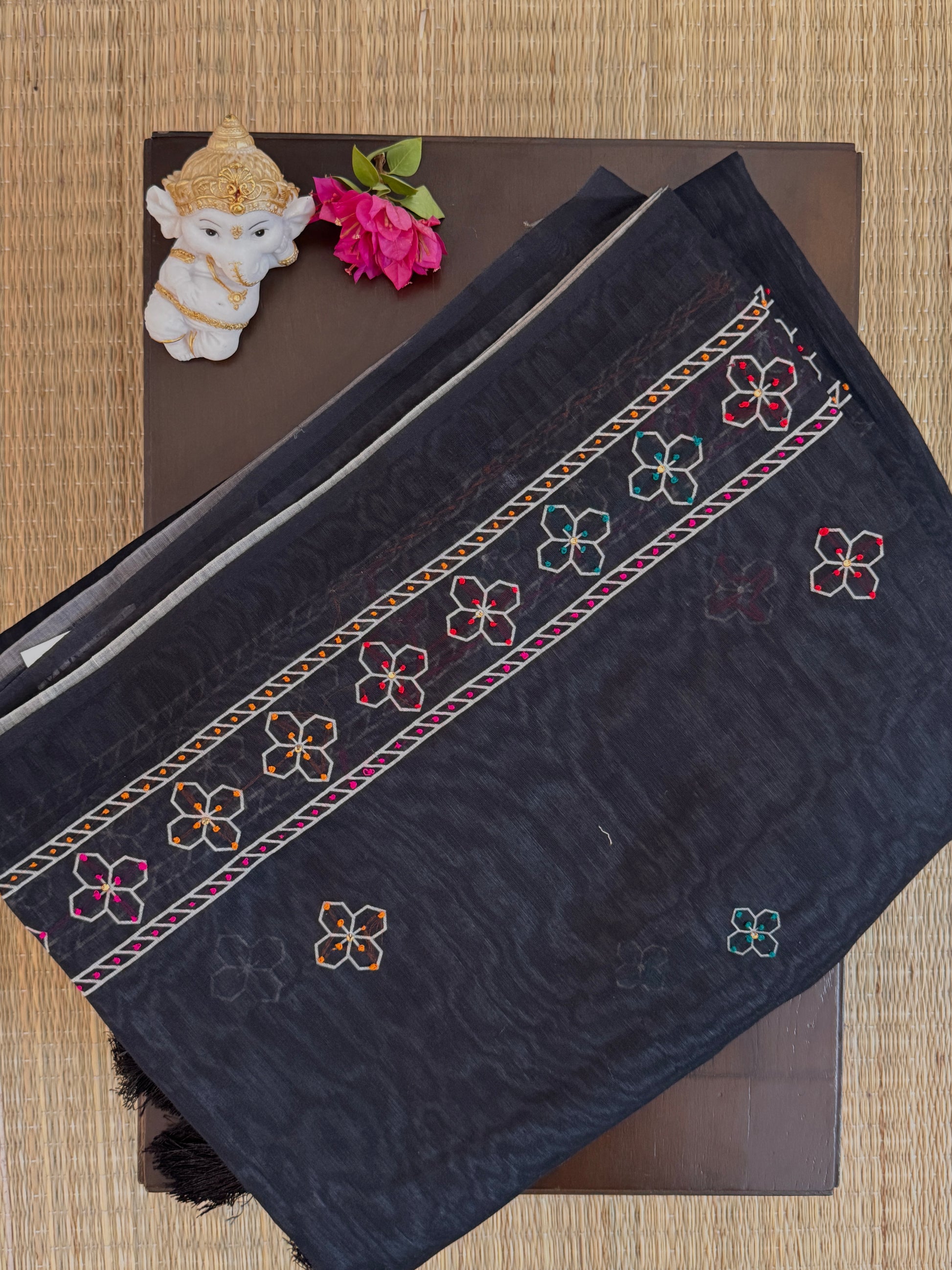 Black with French Knot Floral Motifs - Chanderi Cotton Saree