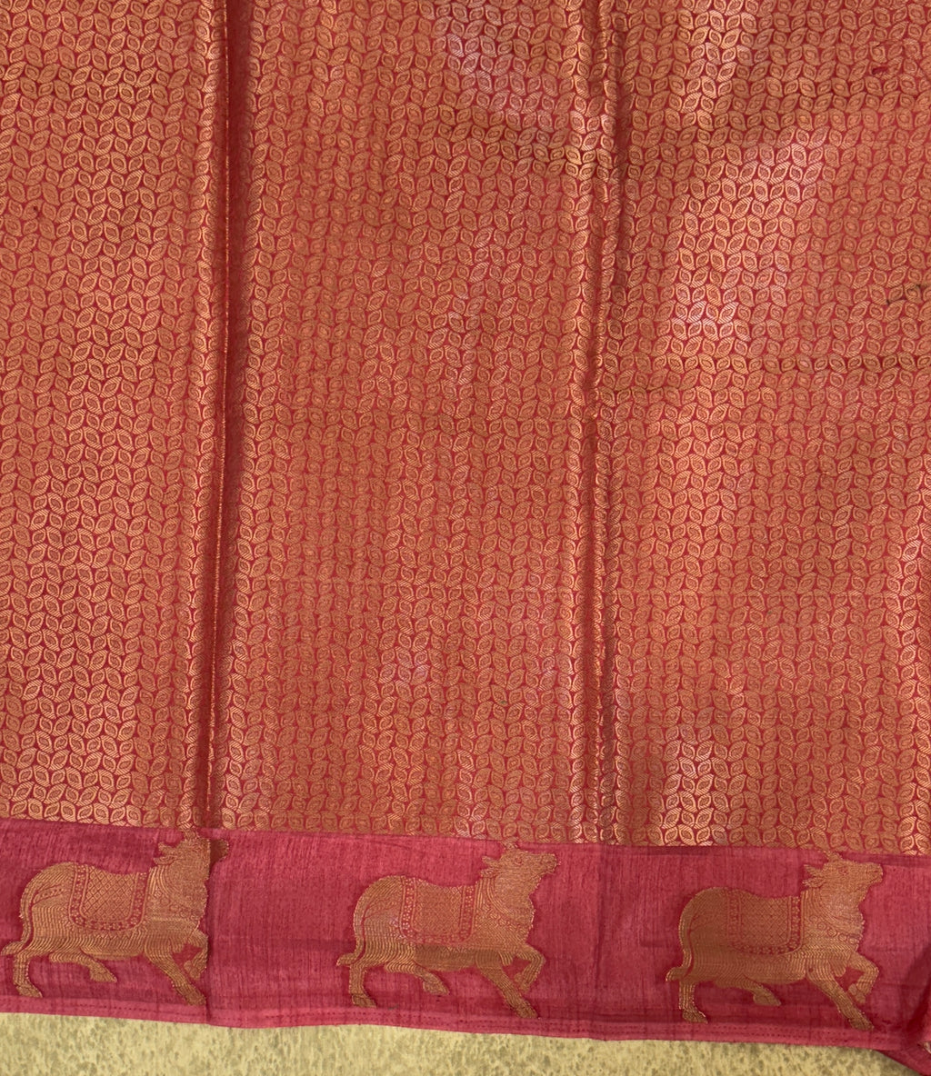 Banarasi Crepe Saree – Fiery Coral with Gold Zari Motifs