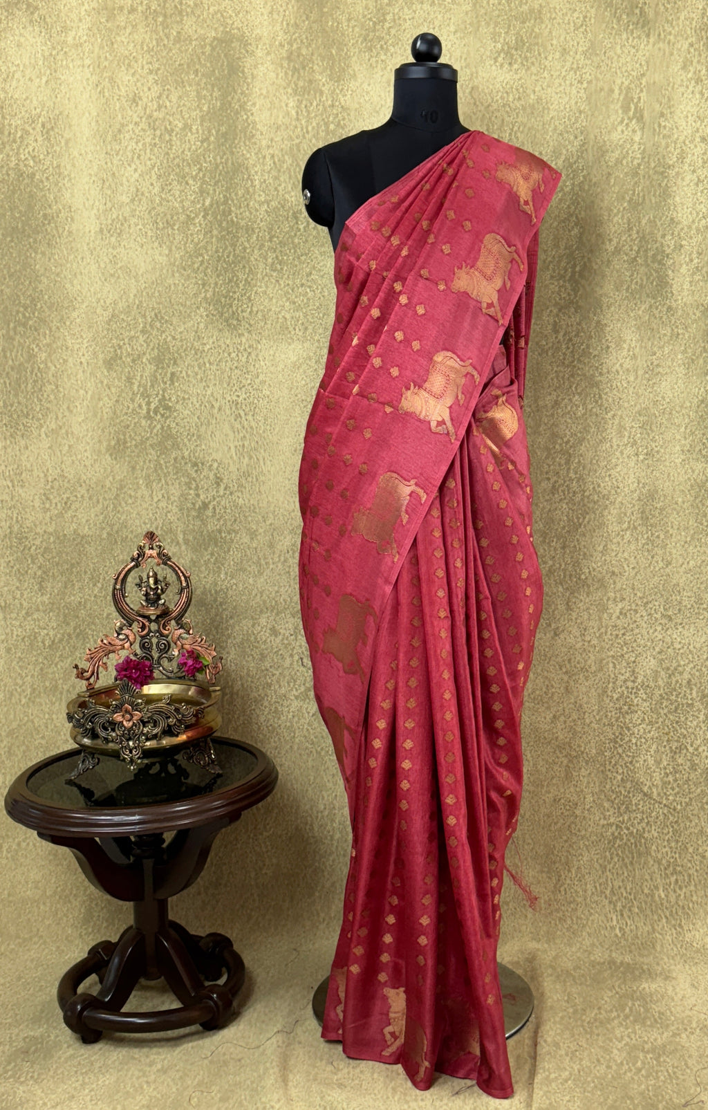 Banarasi Crepe Saree – Fiery Coral with Gold Zari Motifs