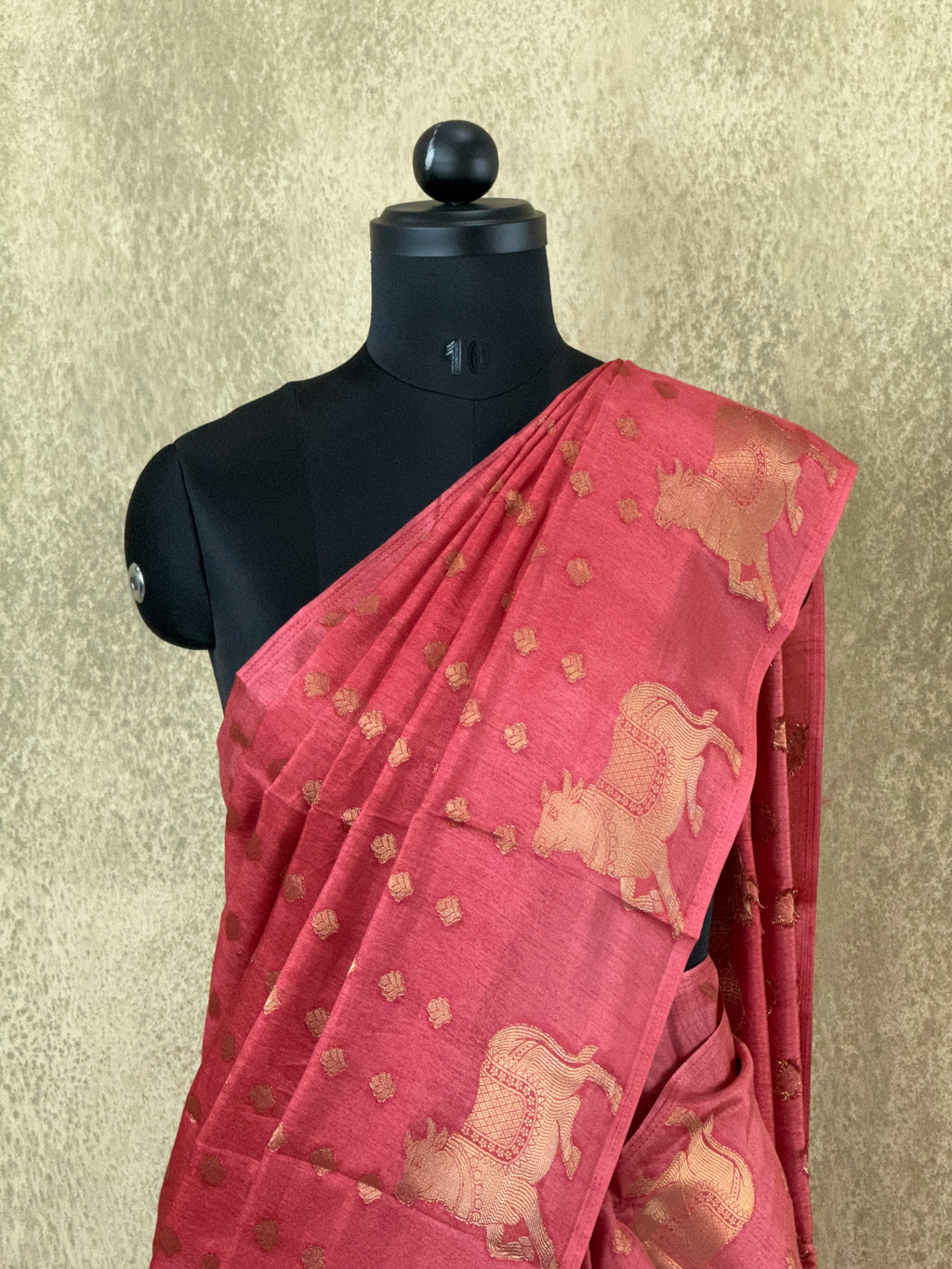 Banarasi Crepe Saree – Fiery Coral with Gold Zari Motifs