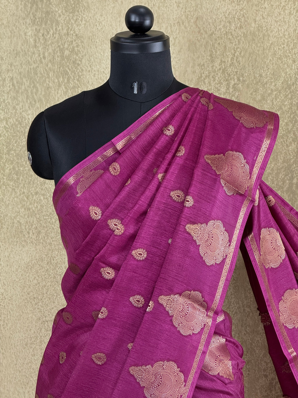 Banarasi Crepe Saree – Deep Magenta with Gold Zari Motifs