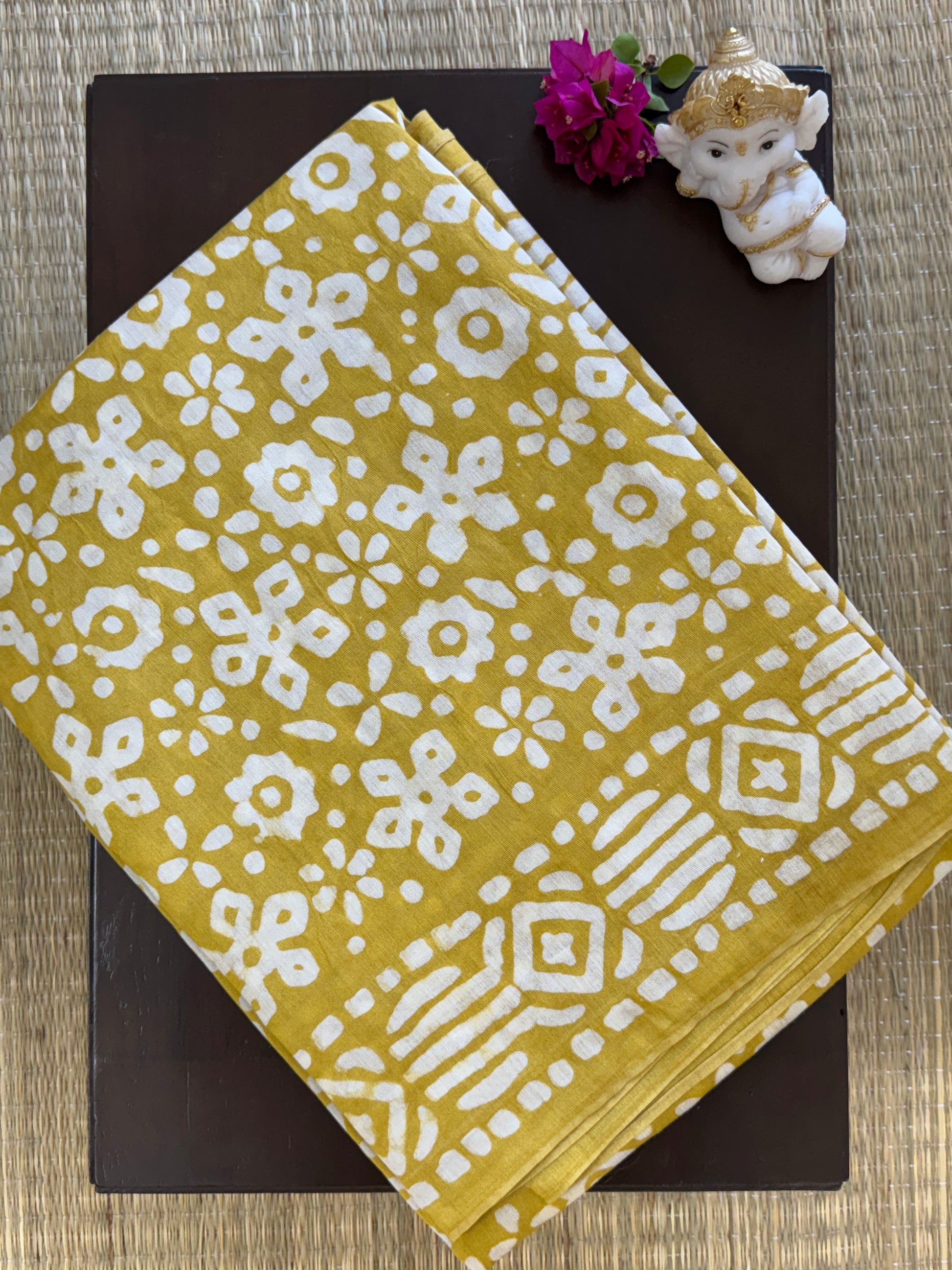 Mul Mul Cotton Saree – Mustard Yellow with Floral Geometric Print