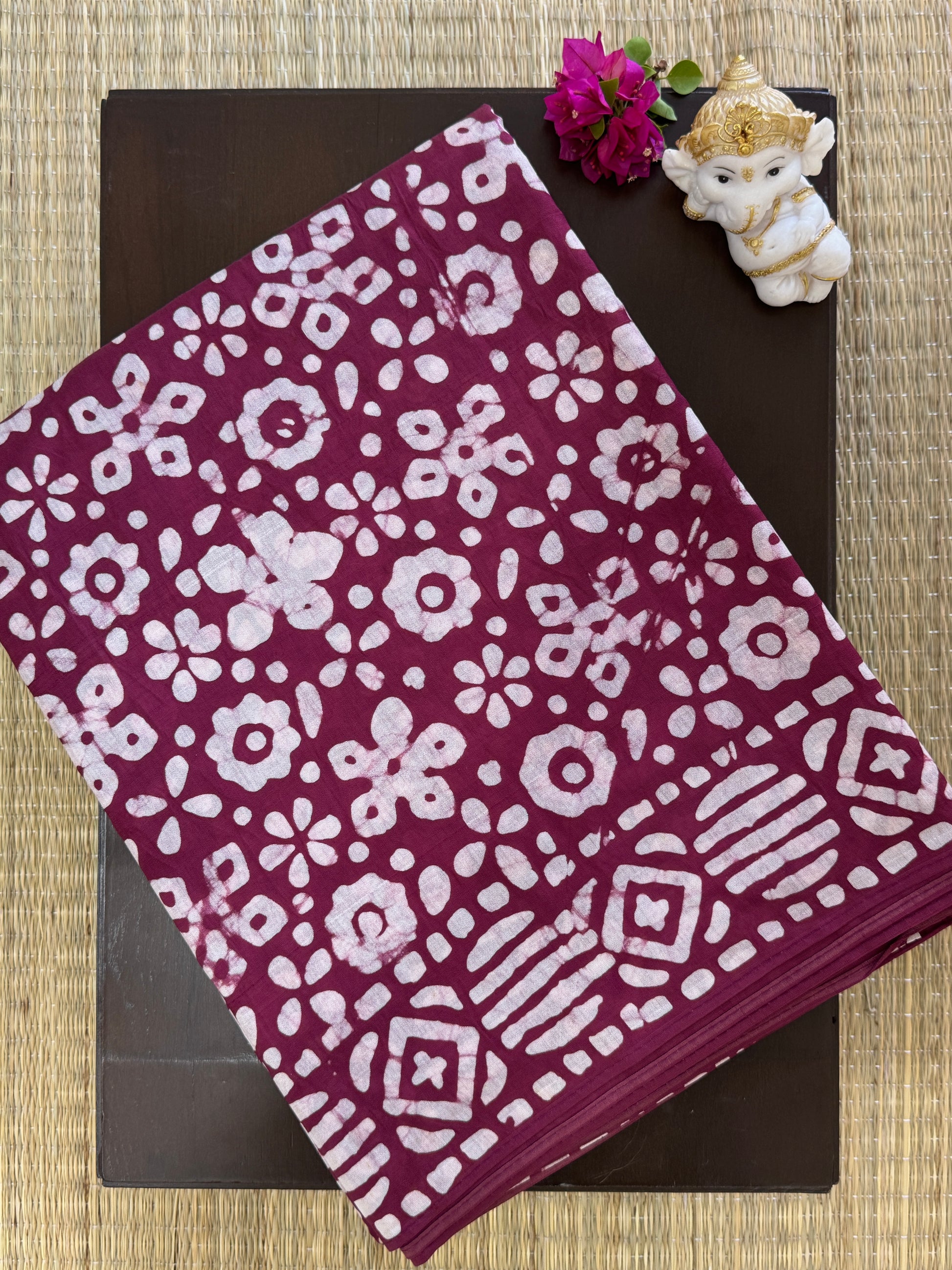 Mul Mul Cotton Saree – Deep Maroon with White Floral Geometric Print
