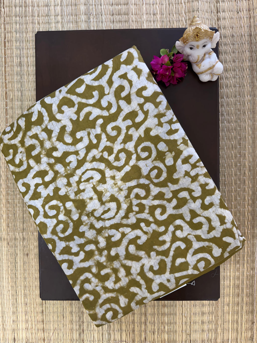 Mul Mul Cotton Saree – Mustard Olive with Light Beige Abstract Print