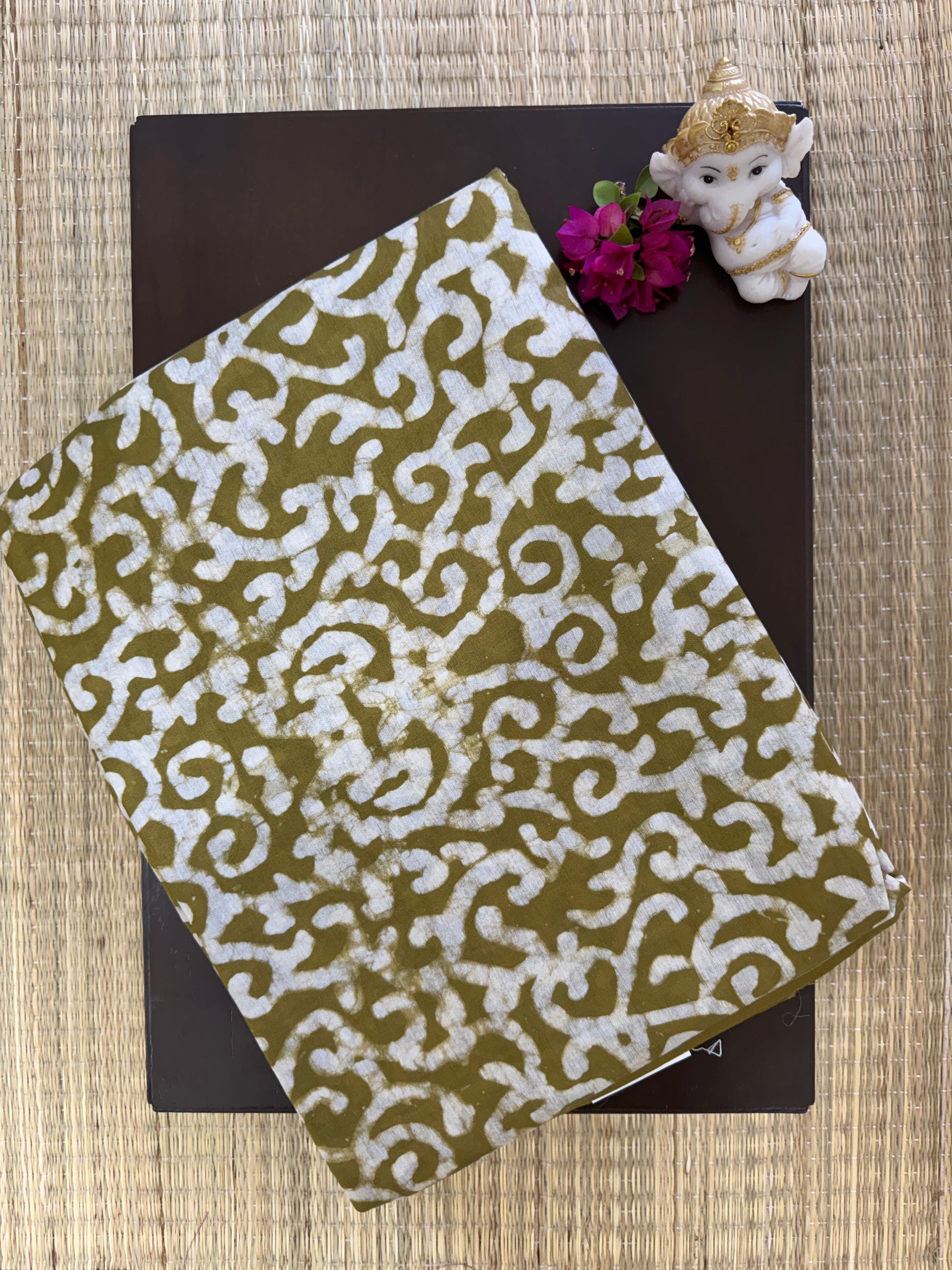 Mul Mul Cotton Saree – Mustard Olive with Light Beige Abstract Print