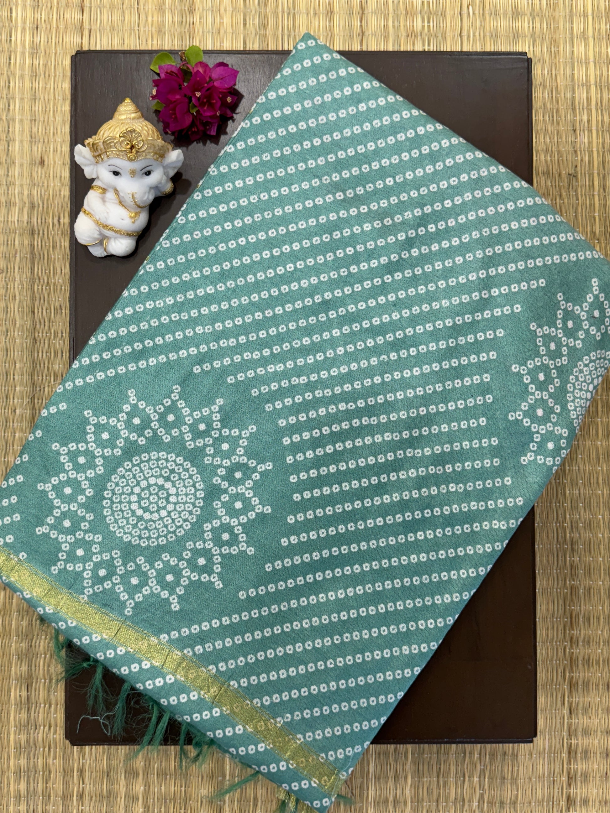Soft Mint Green with Bandhani Pattern - Soft Cotton Saree