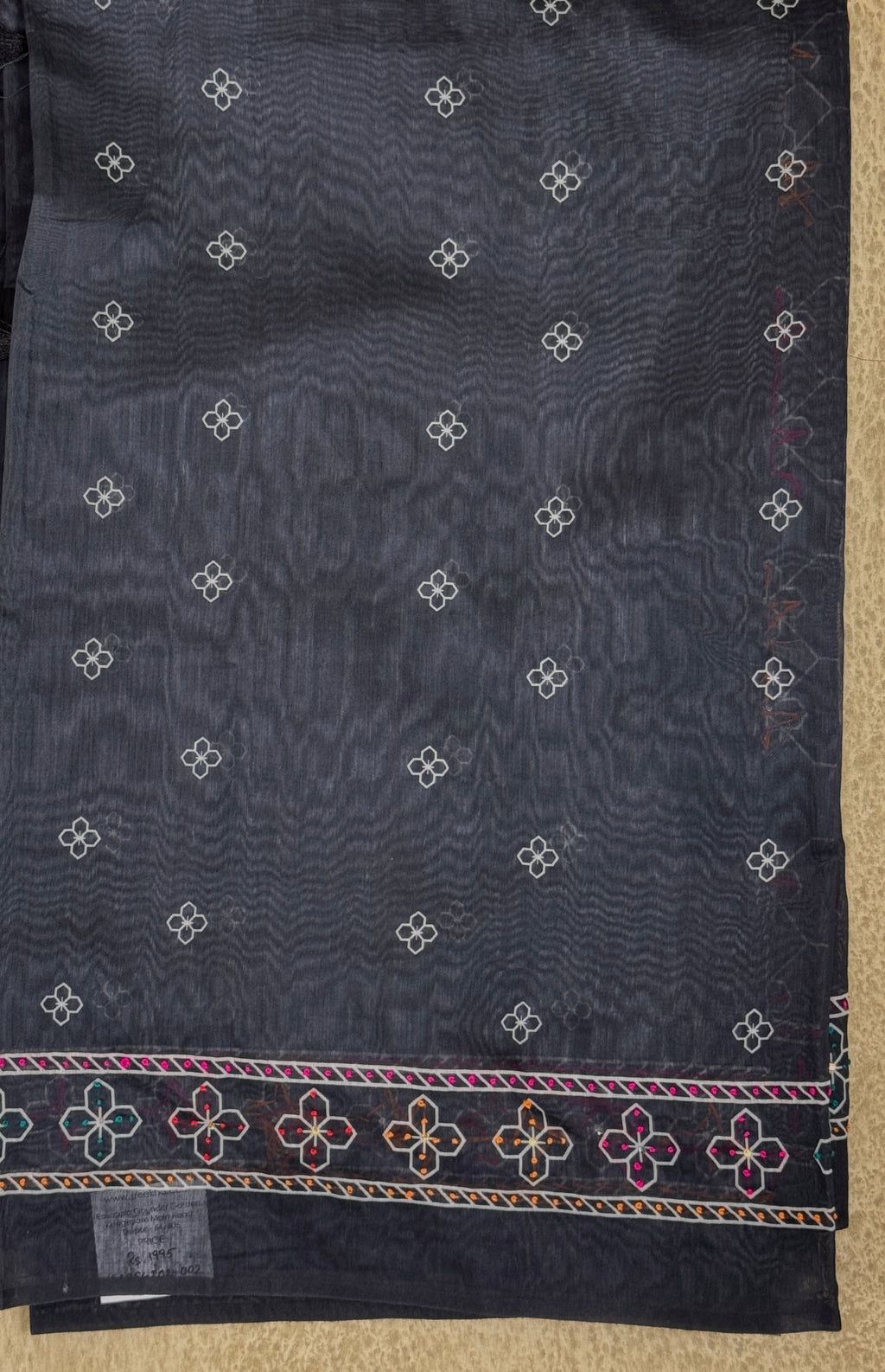 Black with French Knot Floral Motifs - Chanderi Cotton Saree
