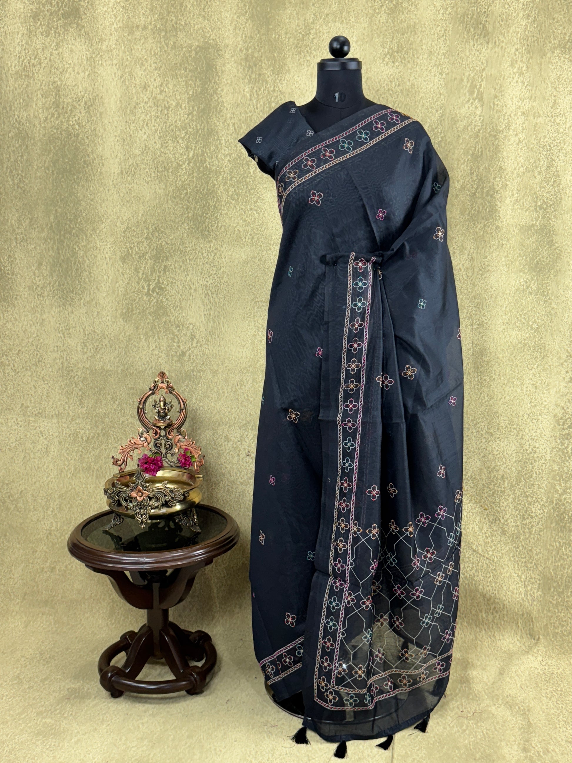 Black with French Knot Floral Motifs - Chanderi Cotton Saree
