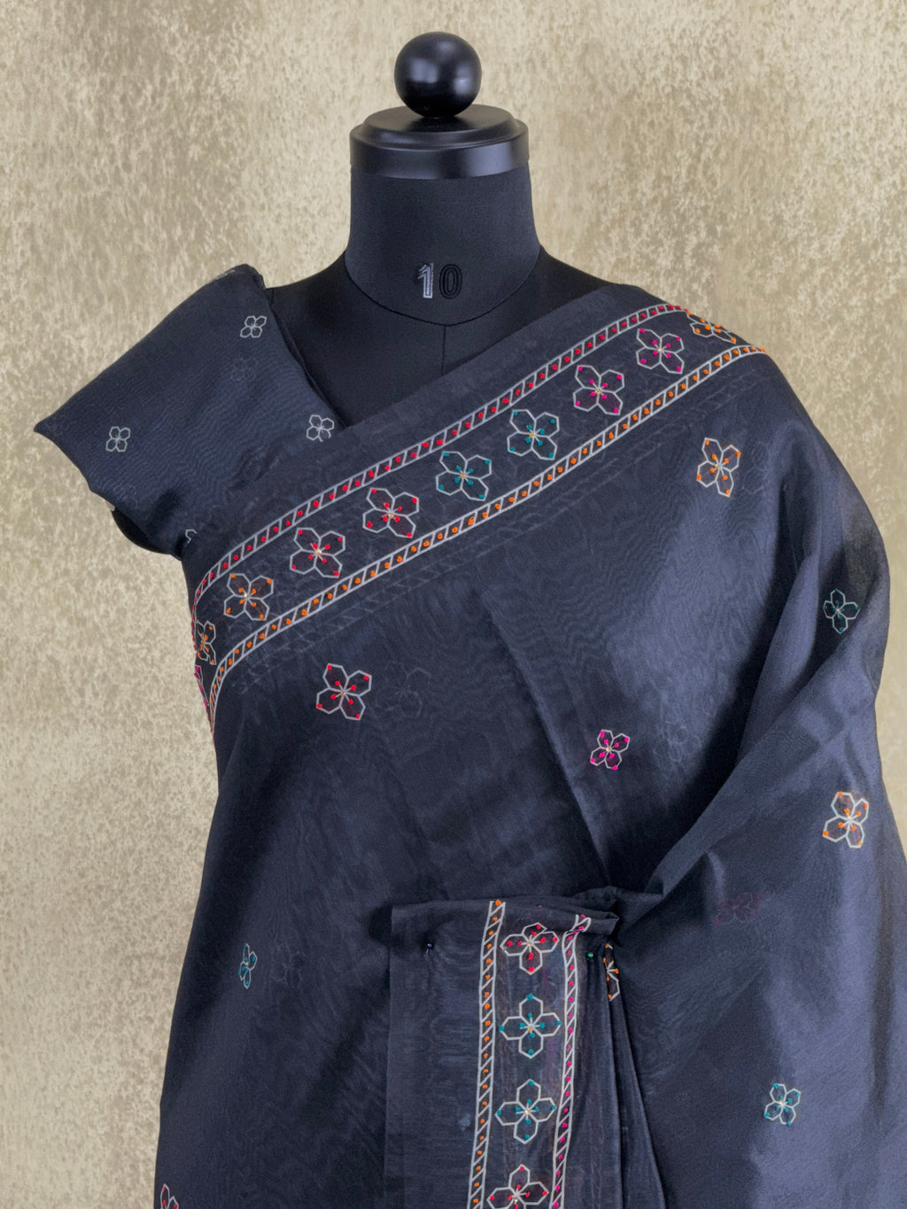 Black with French Knot Floral Motifs - Chanderi Cotton Saree