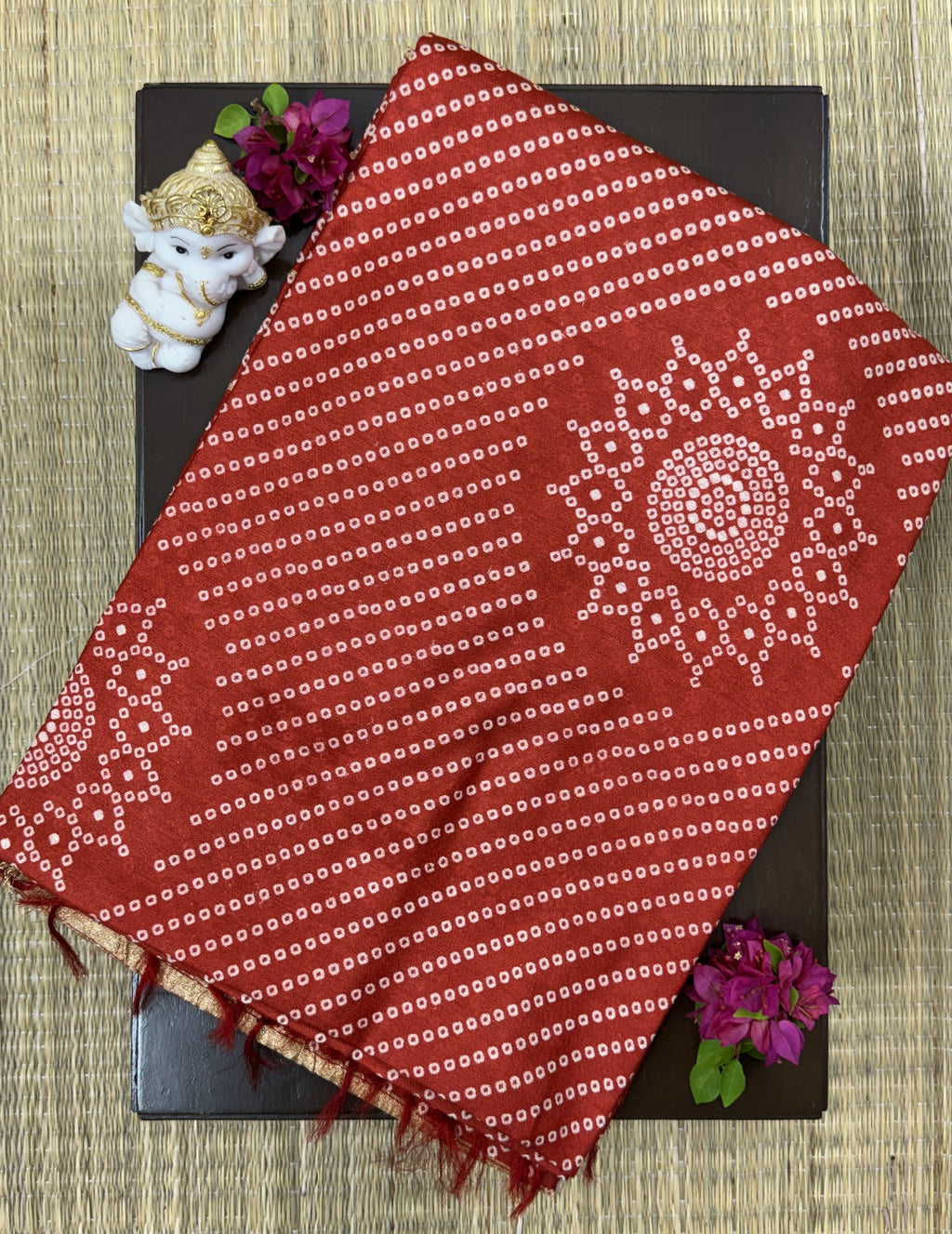 Bright Red with Bandhani Pattern - Soft Cotton Saree
