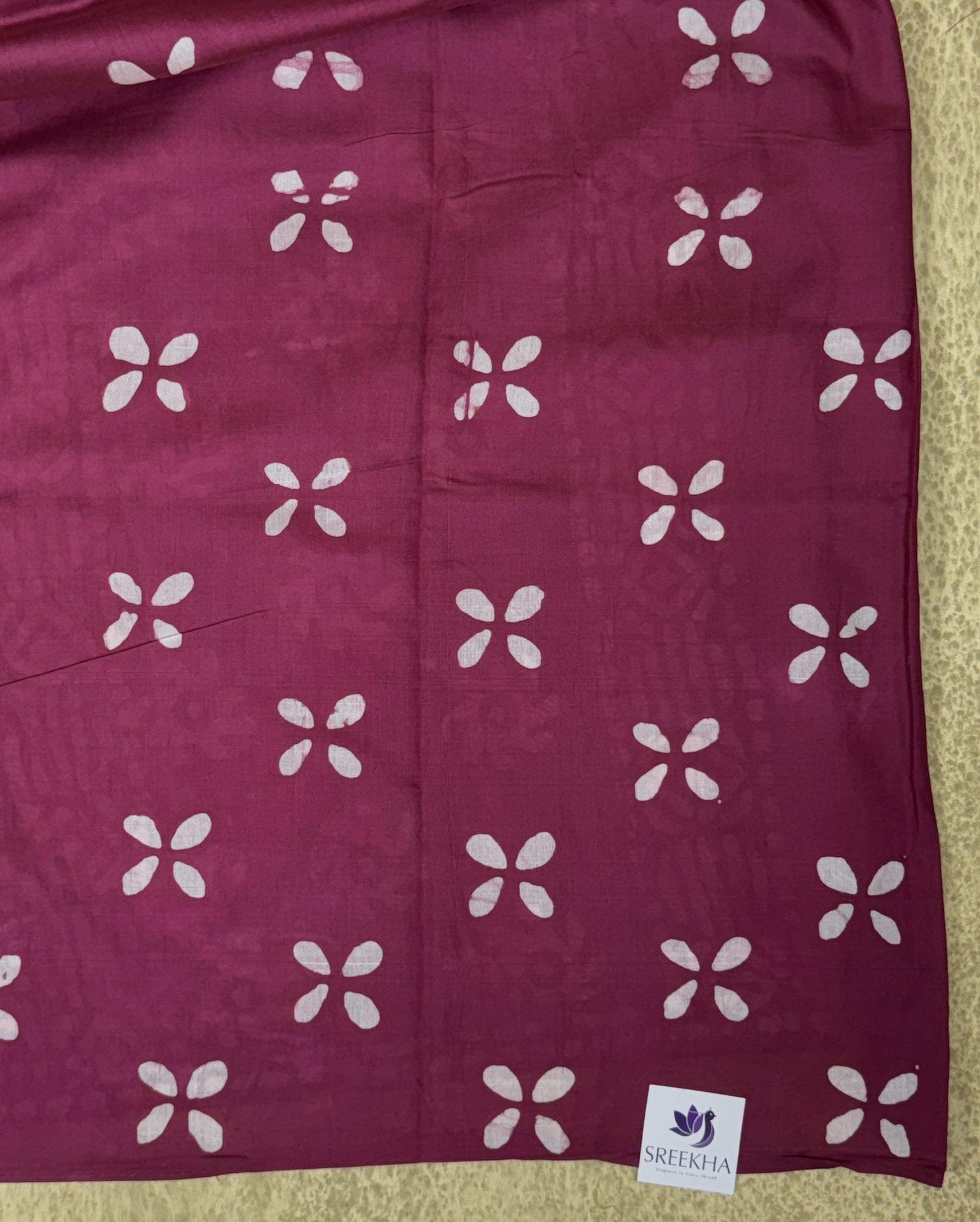 Mul Mul Cotton Saree – Deep Maroon with White Floral Geometric Print