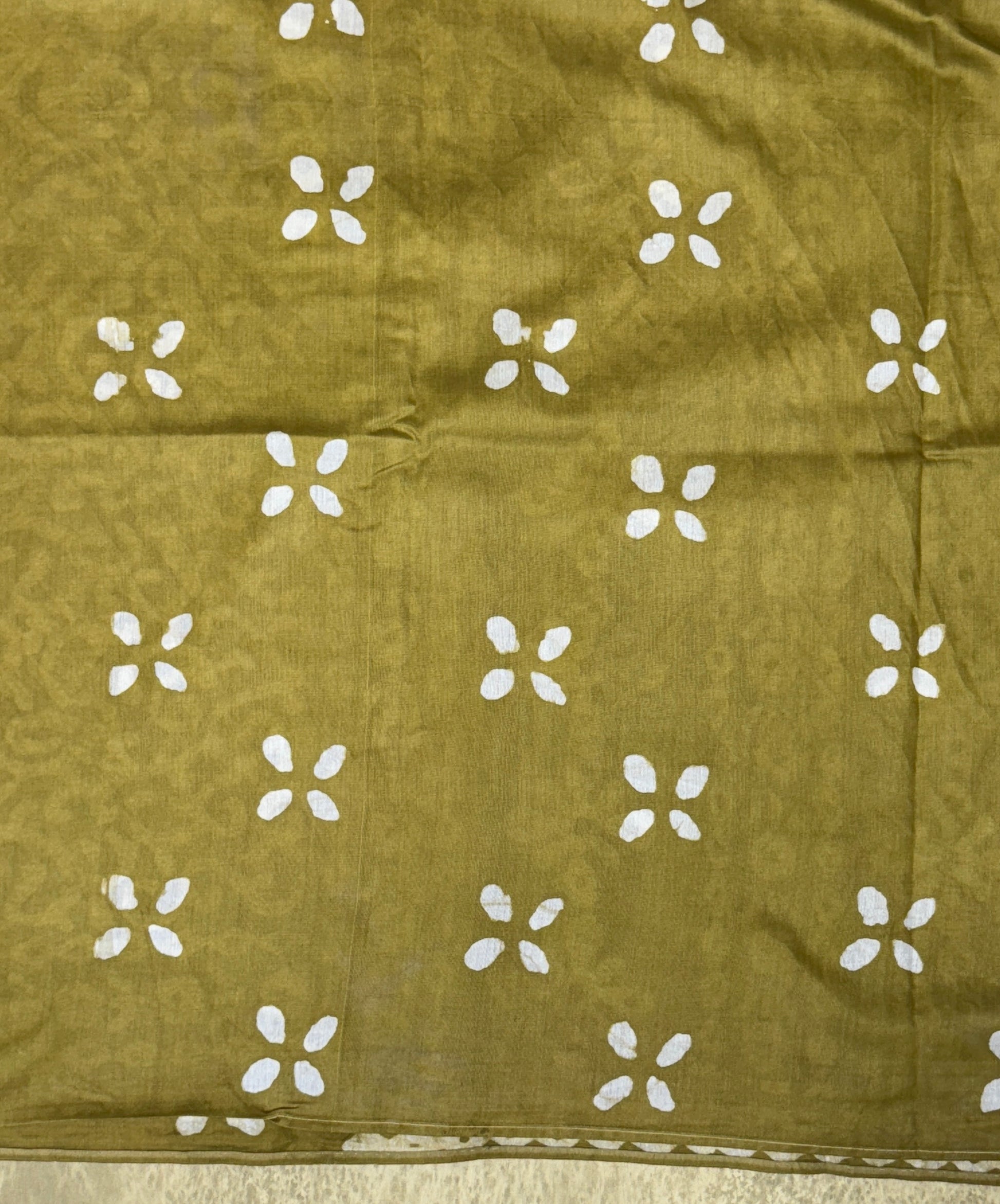 Mul Mul Cotton Saree – Mustard Olive with Light Beige Abstract Print
