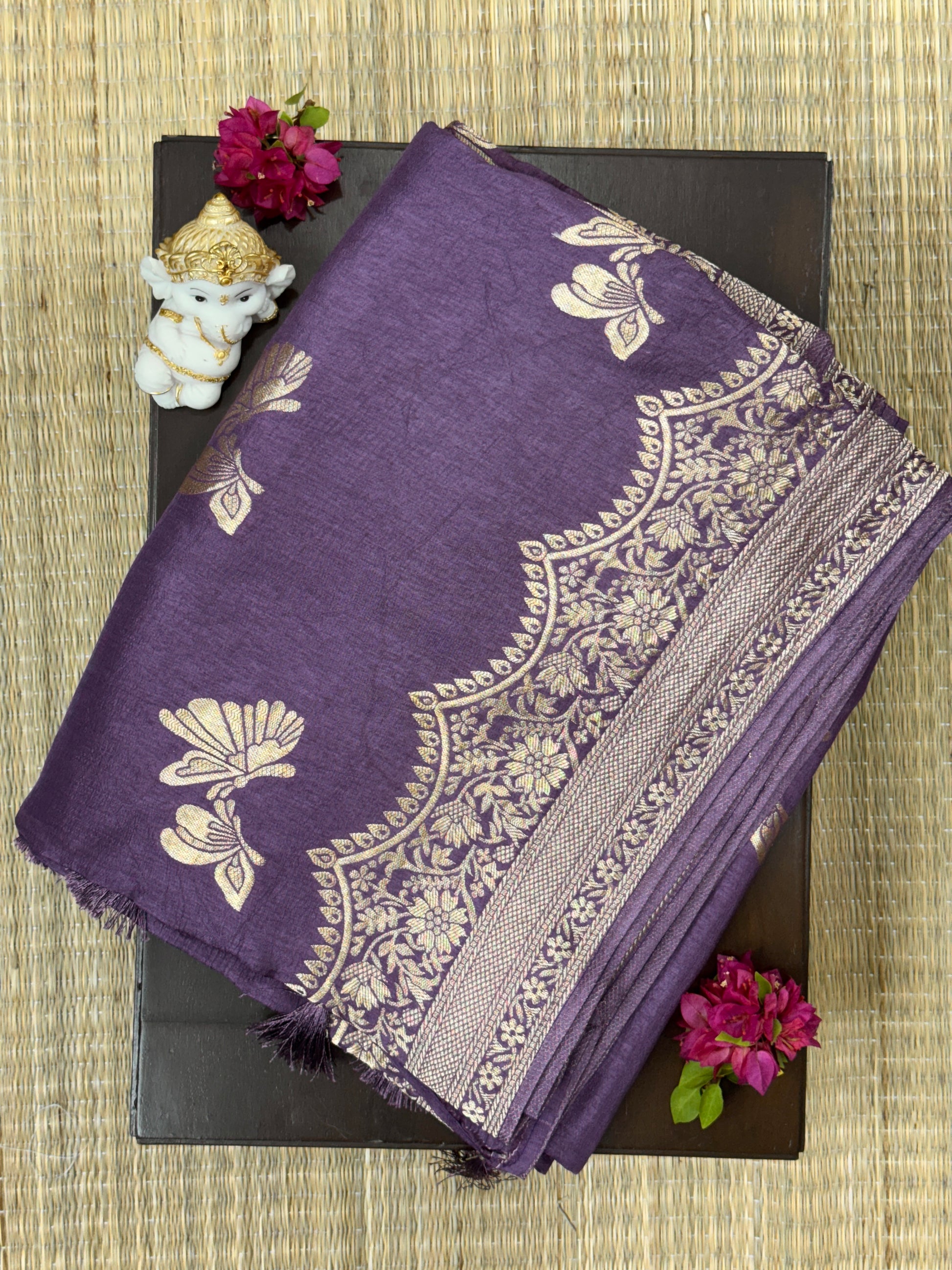 Purple with Butterfly Motifs  - Matka Silk Saree