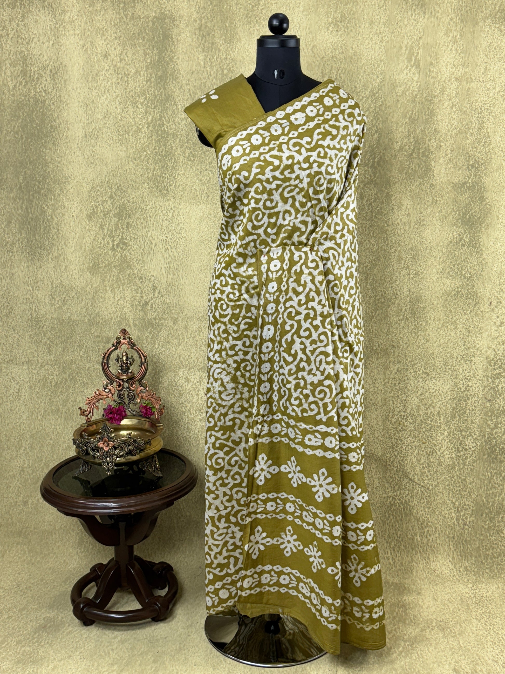 Mul Mul Cotton Saree – Mustard Olive with Light Beige Abstract Print