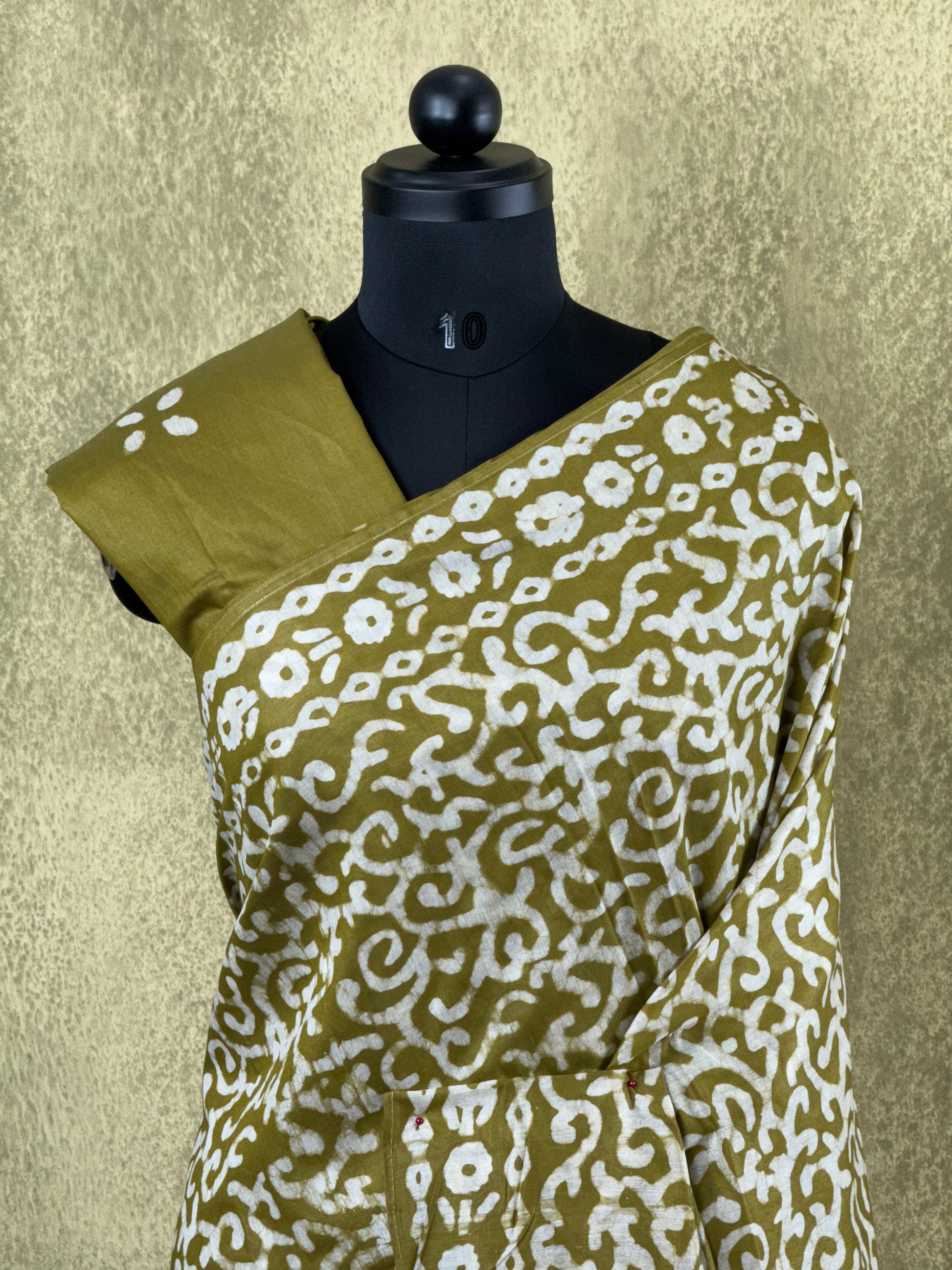 Mul Mul Cotton Saree – Mustard Olive with Light Beige Abstract Print