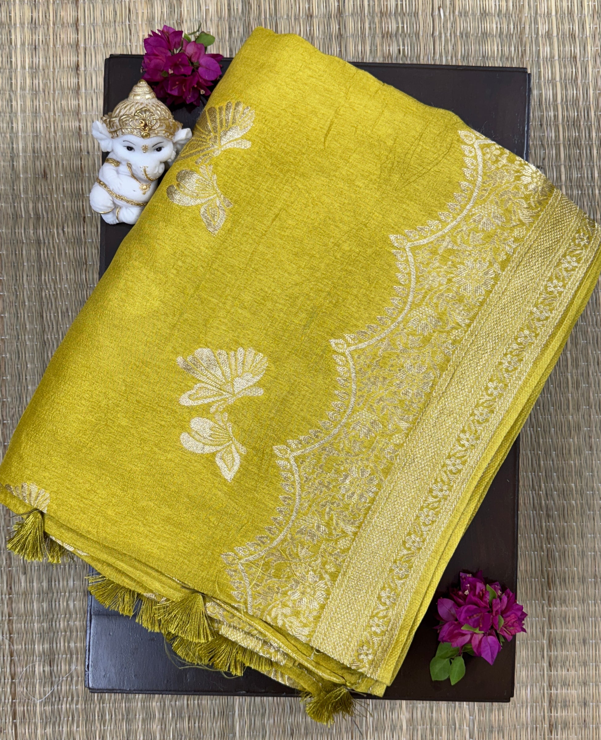 Mustard Yellow with Butterfly Motifs - Matka Silk Saree