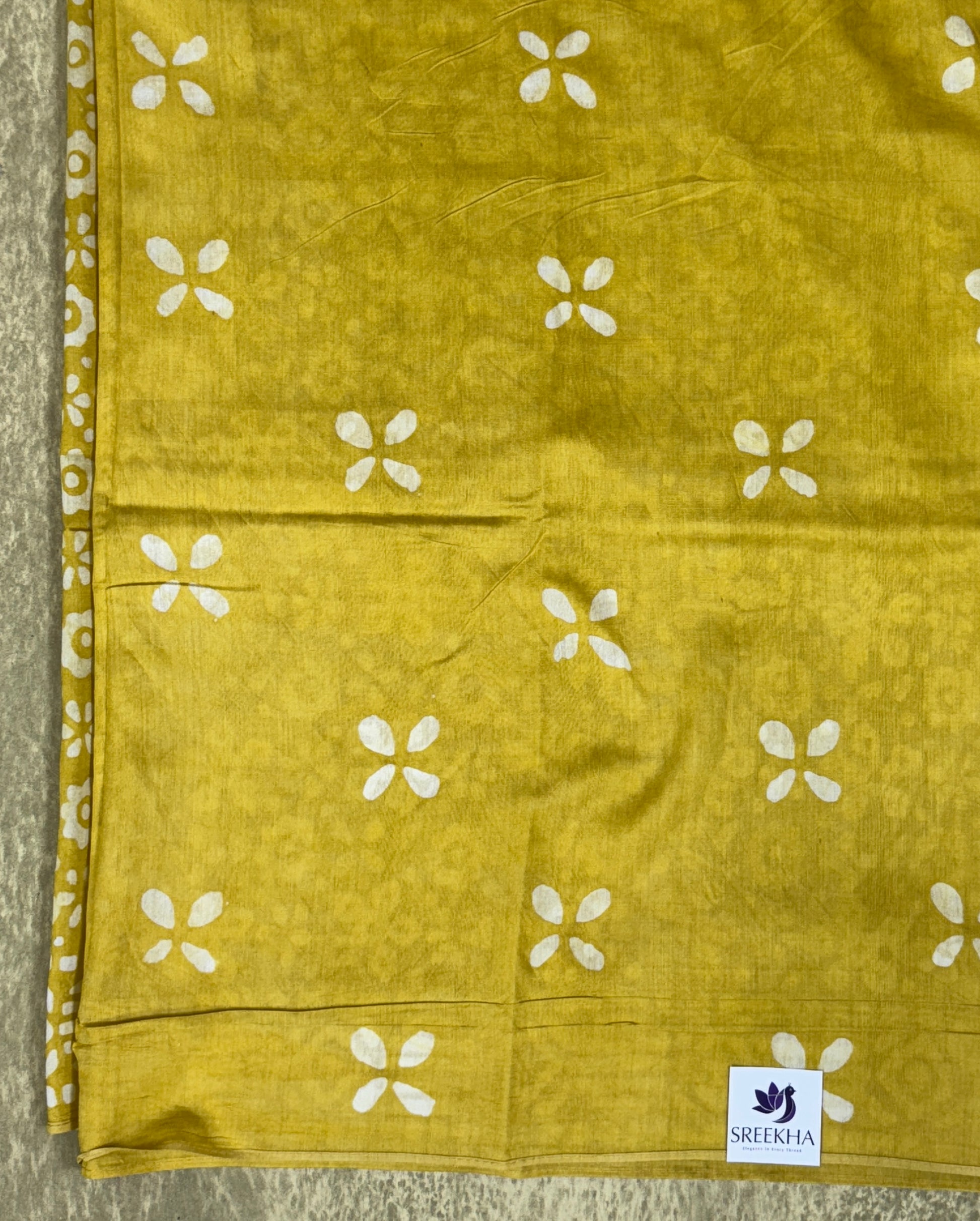 Mul Mul Cotton Saree – Mustard Yellow with Floral Geometric Print
