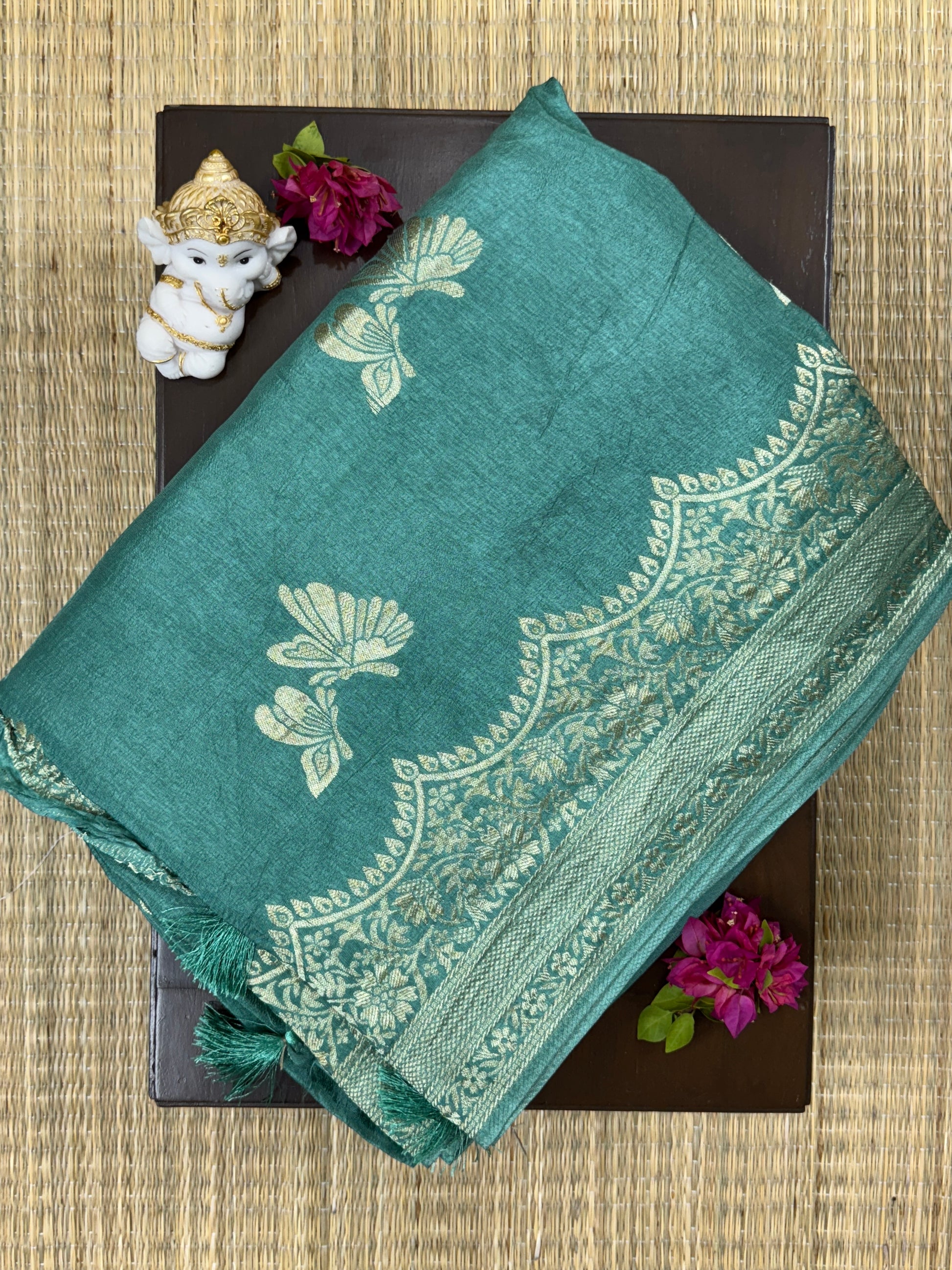 Sea Green with Butterfly Motifs  - Matka Silk Saree