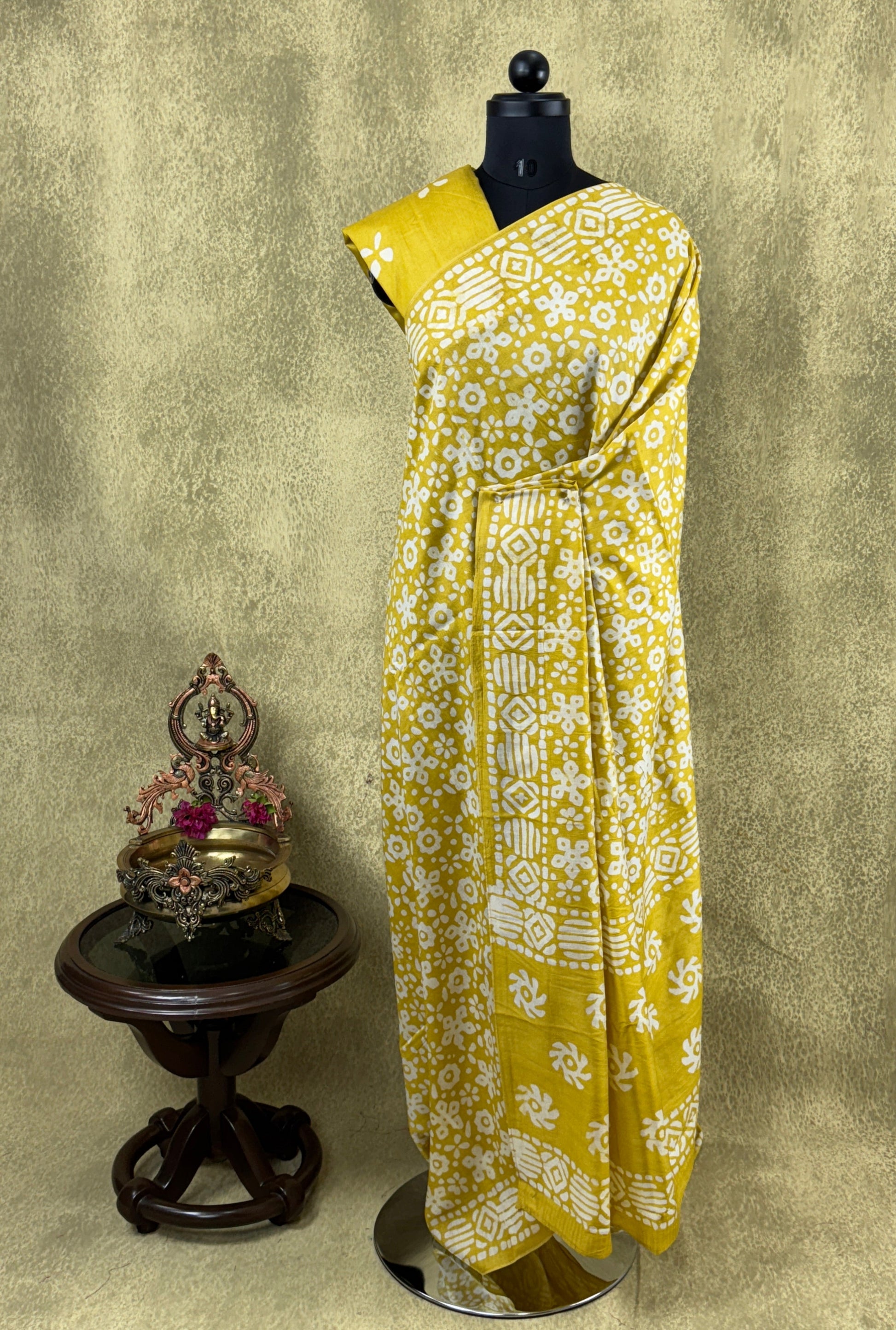 Mul Mul Cotton Saree – Mustard Yellow with Floral Geometric Print