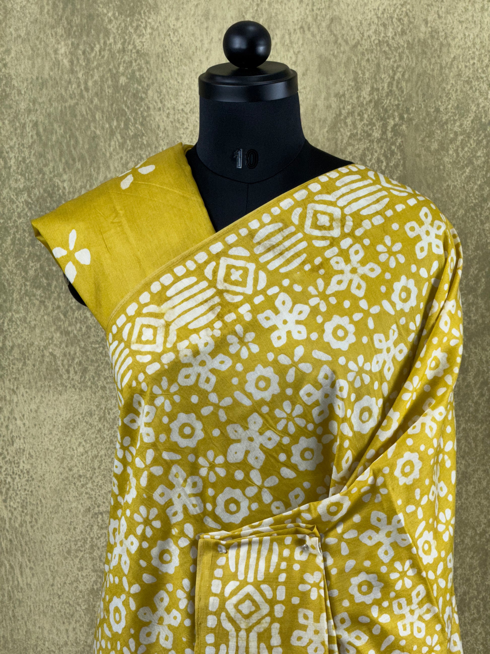 Mul Mul Cotton Saree – Mustard Yellow with Floral Geometric Print