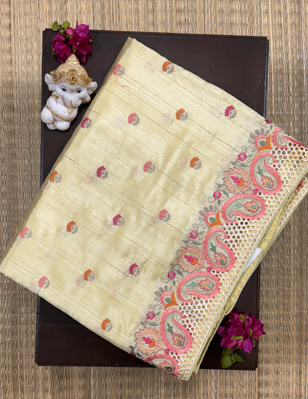 Pastel Yellow with CutWork Embroidery Border- Tussar Silk Saree