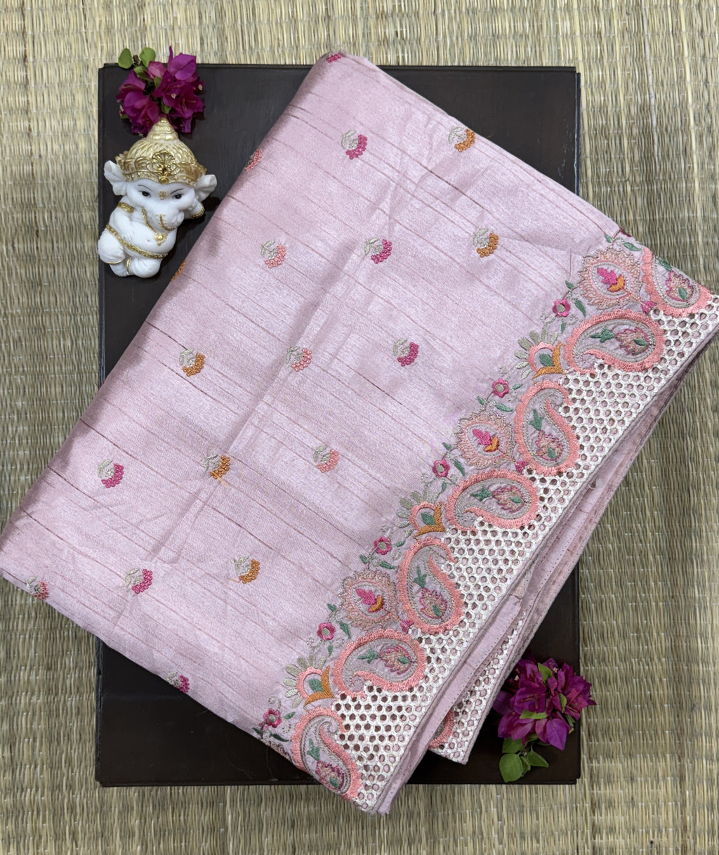 Pastel Pink with CutWork Embroidery Border- Tussar Silk Saree