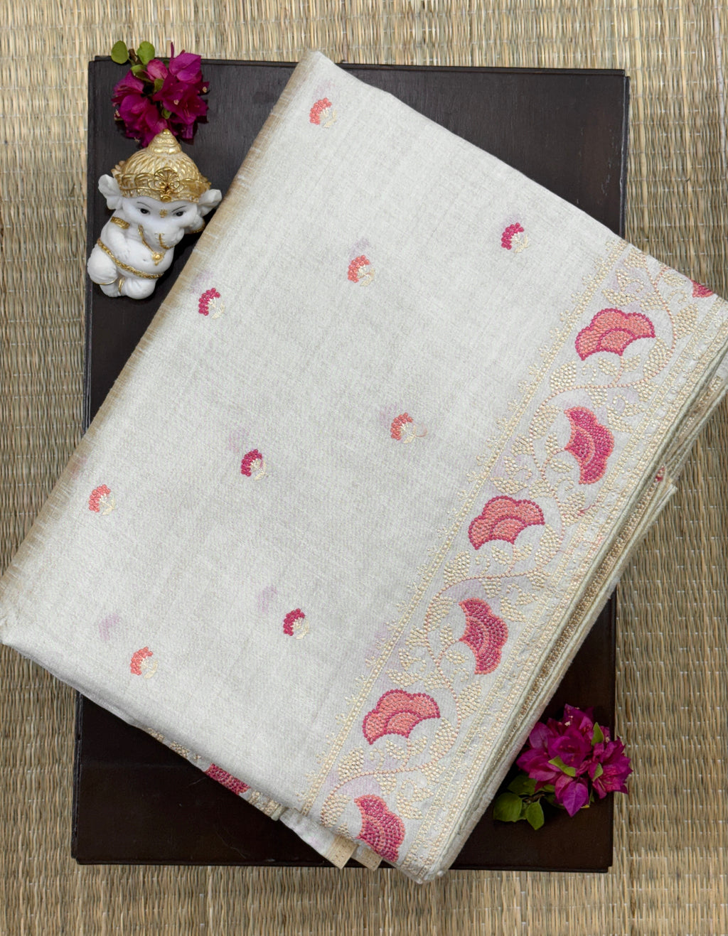 Beige with Embroidery Border- Tussar Silk Saree