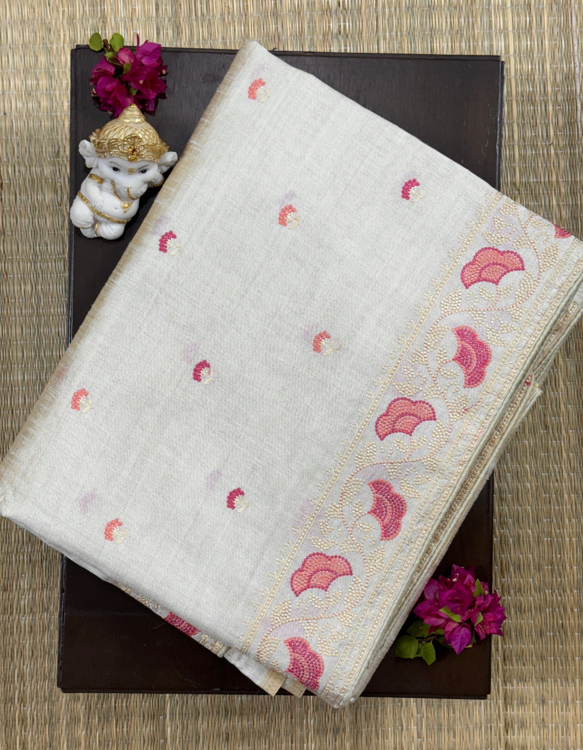 Beige with Embroidery Border- Tussar Silk Saree