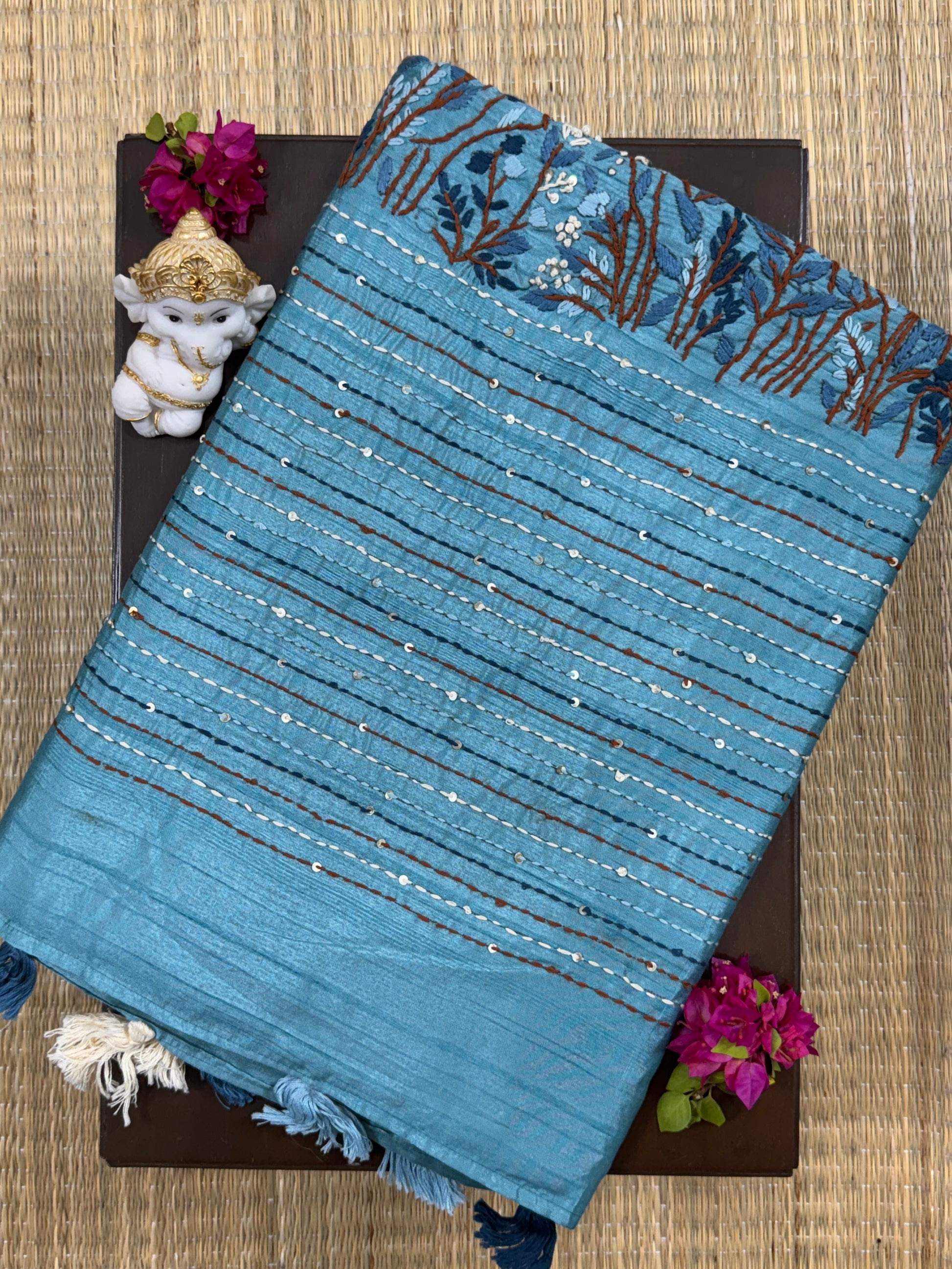 Serene Teal with Multicolored Embroidery- Tussar Silk Saree